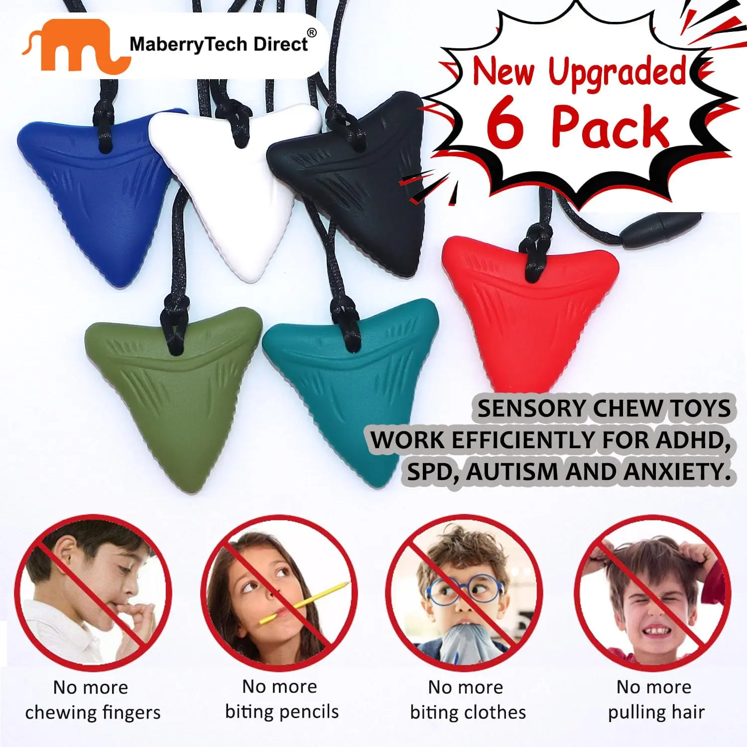 This 3 pack of shark tooth chew necklaces are made of safe, food-grade silicone, designed to help children with autism, ADHD, or sensory needs by providing a safe alternative to chewing on fingers and clothing.