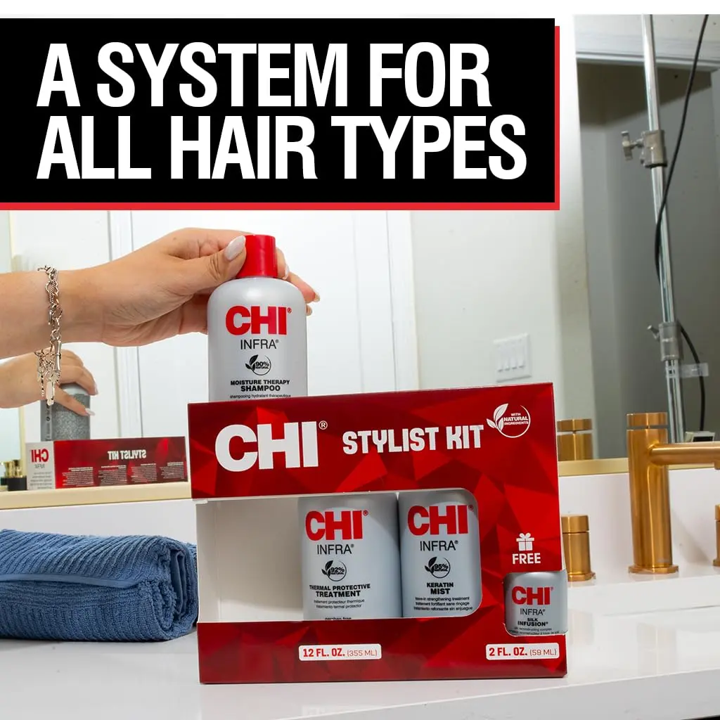 CHI Home Stylist Kit with shampoo, treatment, keratin mist, and silk infusion for strong, protected, soft, shiny, and moisturized hair.