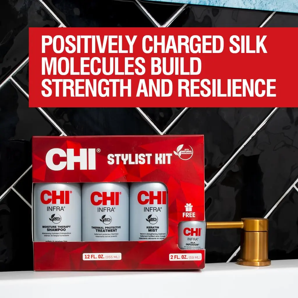 CHI Home Stylist Kit with shampoo, treatment, keratin mist, and silk infusion for strong, protected, soft, shiny, and moisturized hair.