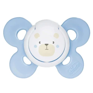 The Chicco Physio Comfort pacifier for boys aged 0-6 months is made of ultra-soft silicone for a gentle feeling on the baby's face, featuring ventilation holes and an active rubber teat to support proper oral development.