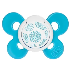 This Chicco Physio Comfort Blue Silicone Soother for babies 6 months and older features a wide base, minimal contact, ergonomic shape and comes with a sterilizable case and is BPA free.