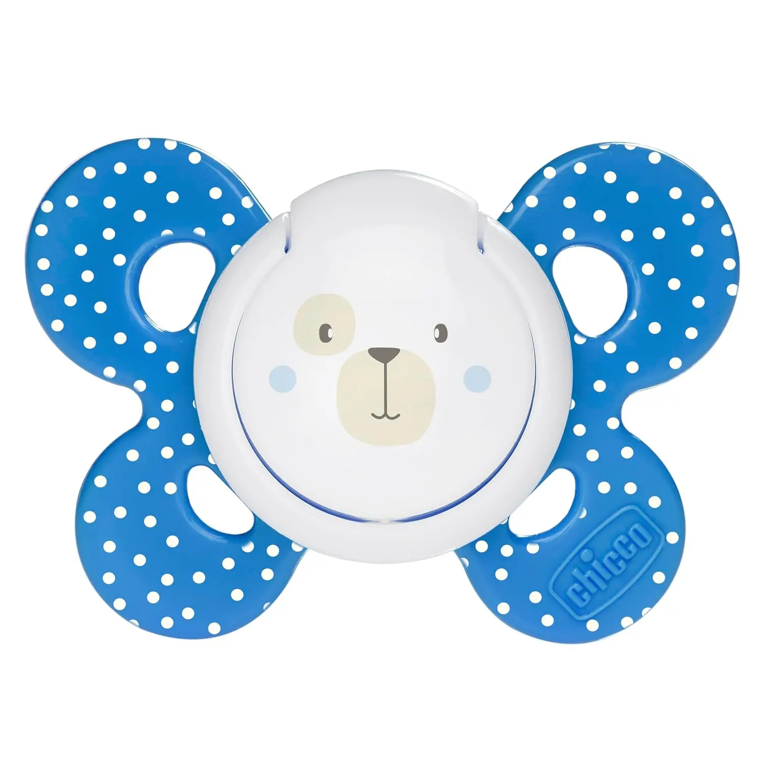 This Chicco Physio Comfort Blue Silicone Soother for babies 6 months and older features a wide base, minimal contact, ergonomic shape and comes with a sterilizable case and is BPA free.