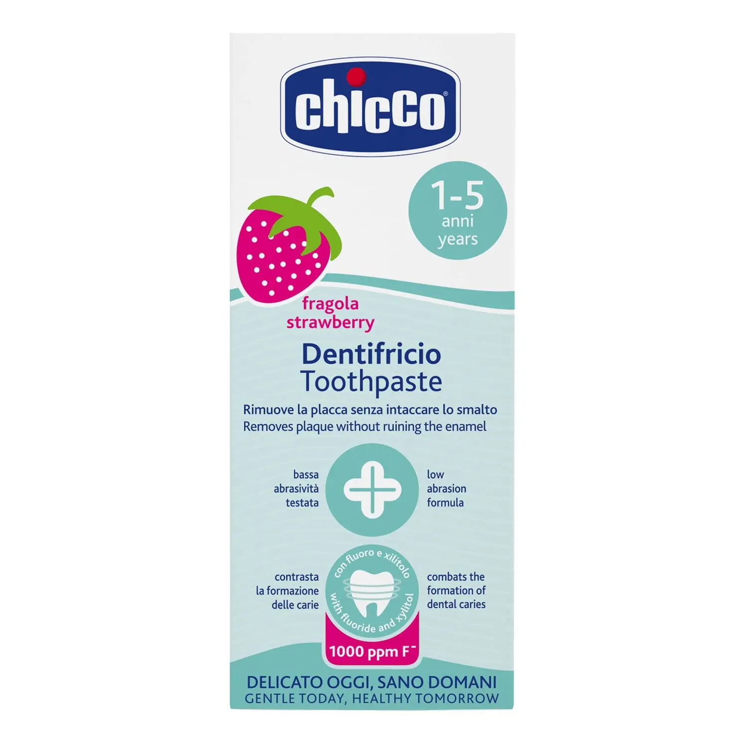 Chicco Strawberry Toothpaste is preservative-free, contains bio-available calcium and sodium fluoride, and has a nonabrasive formula perfect for kids' milk teeth.