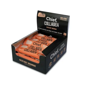 A box of Chief Hazelnut Brownie collagen protein bars made with natural ingredients for a healthy, on-the-go keto and paleo friendly snack that supports gut, joint, and skin health.