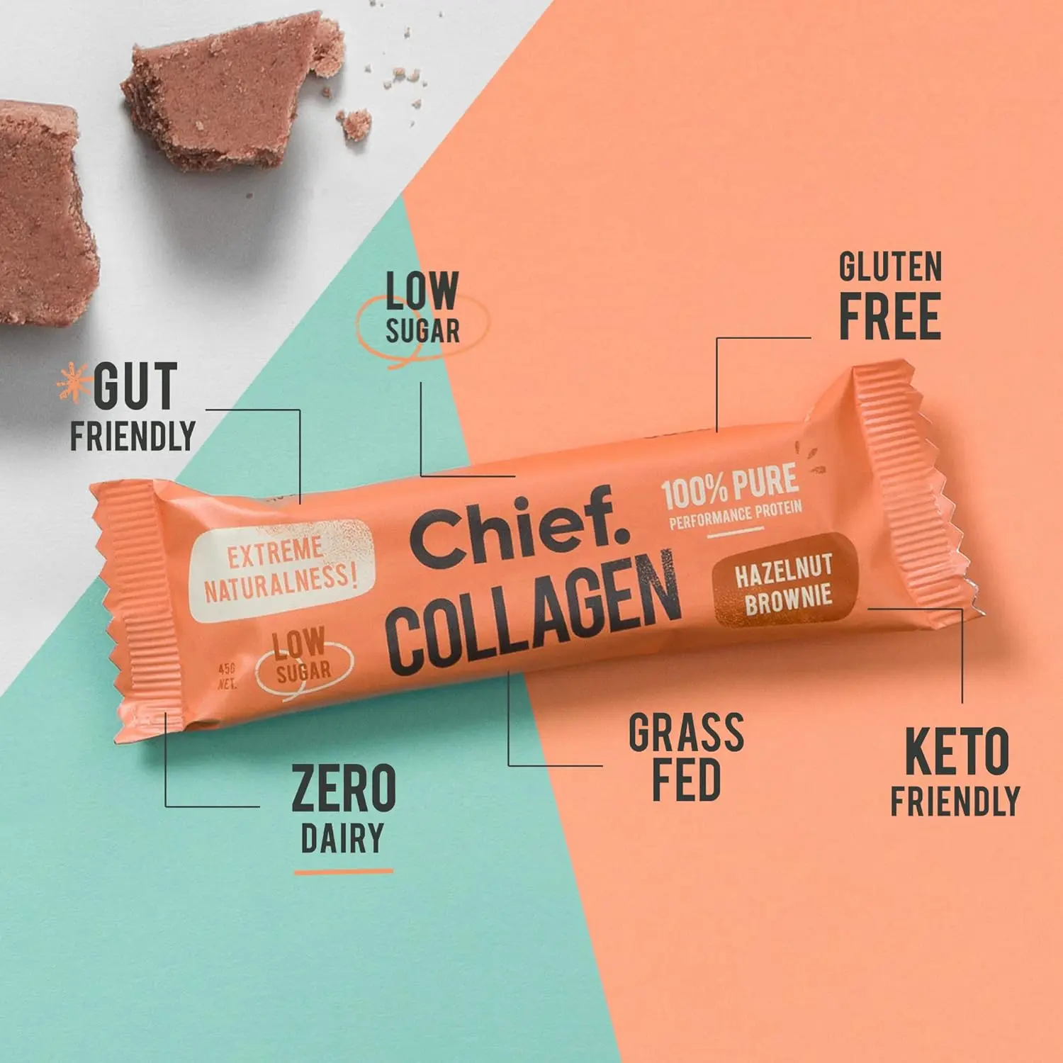 A box of Chief Hazelnut Brownie collagen protein bars made with natural ingredients for a healthy, on-the-go keto and paleo friendly snack that supports gut, joint, and skin health.