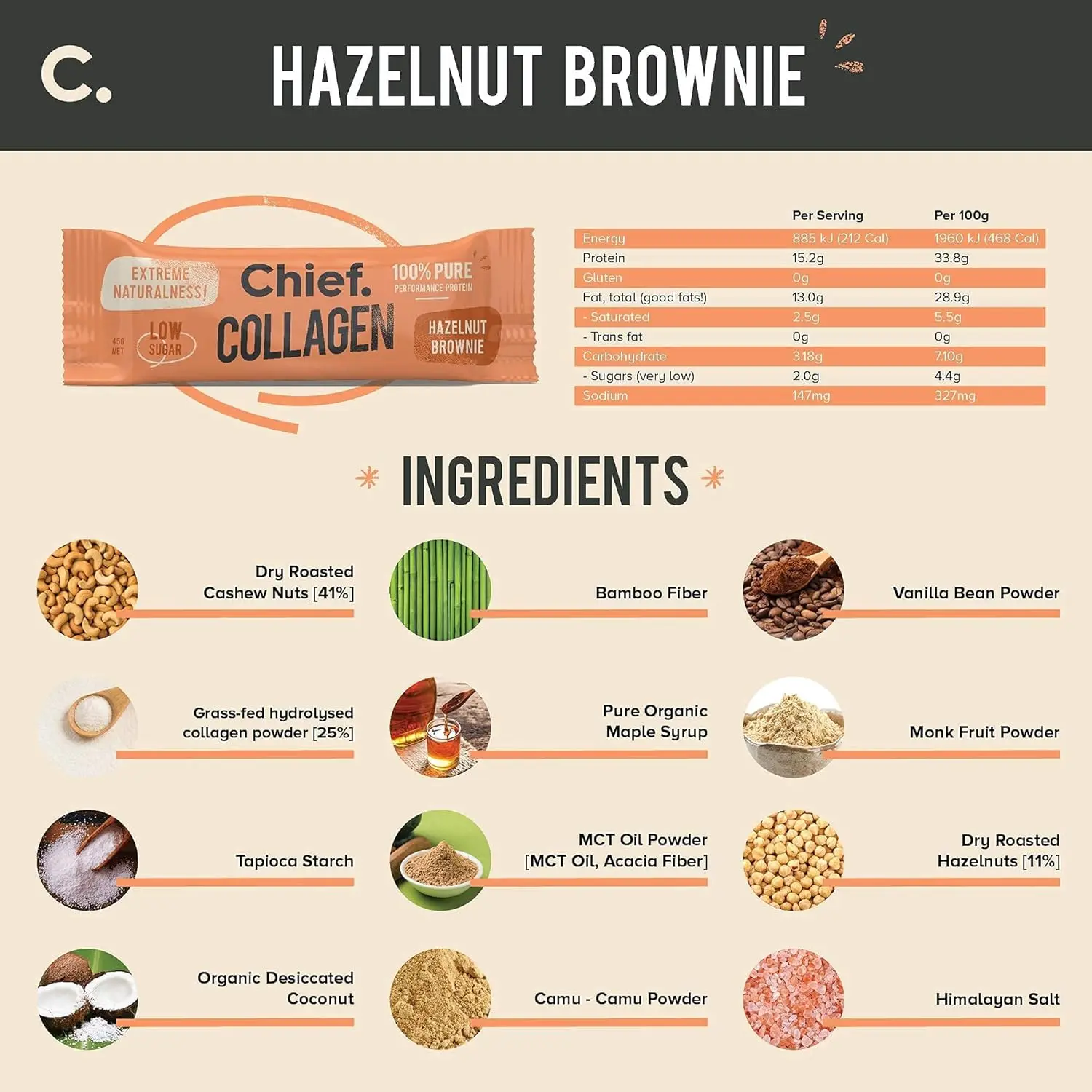 A box of Chief Hazelnut Brownie collagen protein bars made with natural ingredients for a healthy, on-the-go keto and paleo friendly snack that supports gut, joint, and skin health.