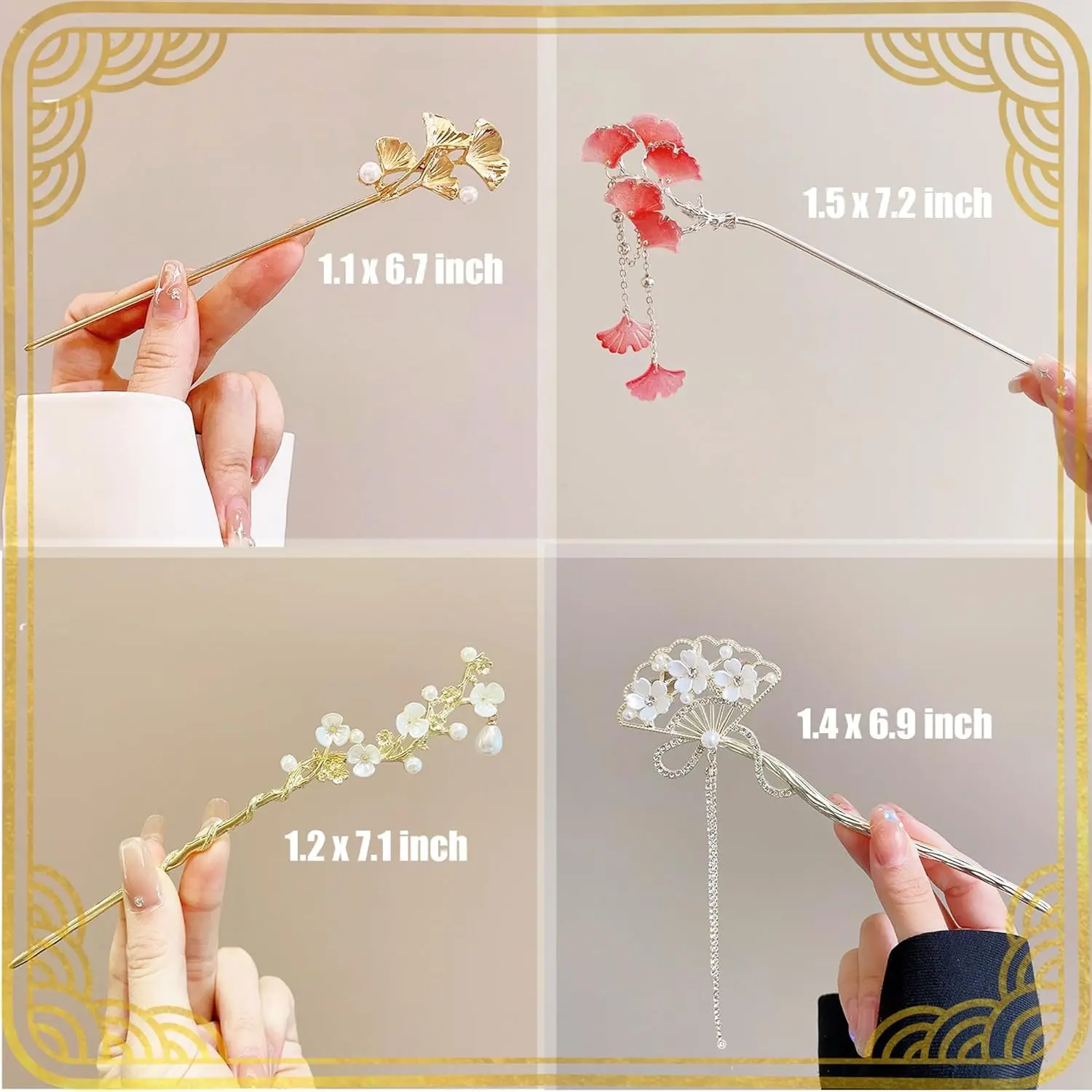 Four elegant floral Chinese hair sticks offer a vintage and stylish way to accessorize long hair.