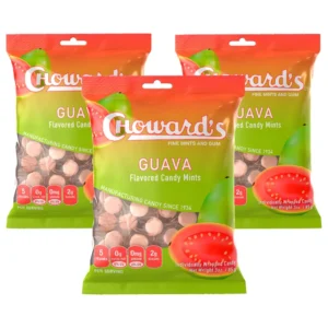 This image shows three 3oz bags of Choward's Guava Candy, each containing individually wrapped guava flavored mints, perfect for snacks and sharing.