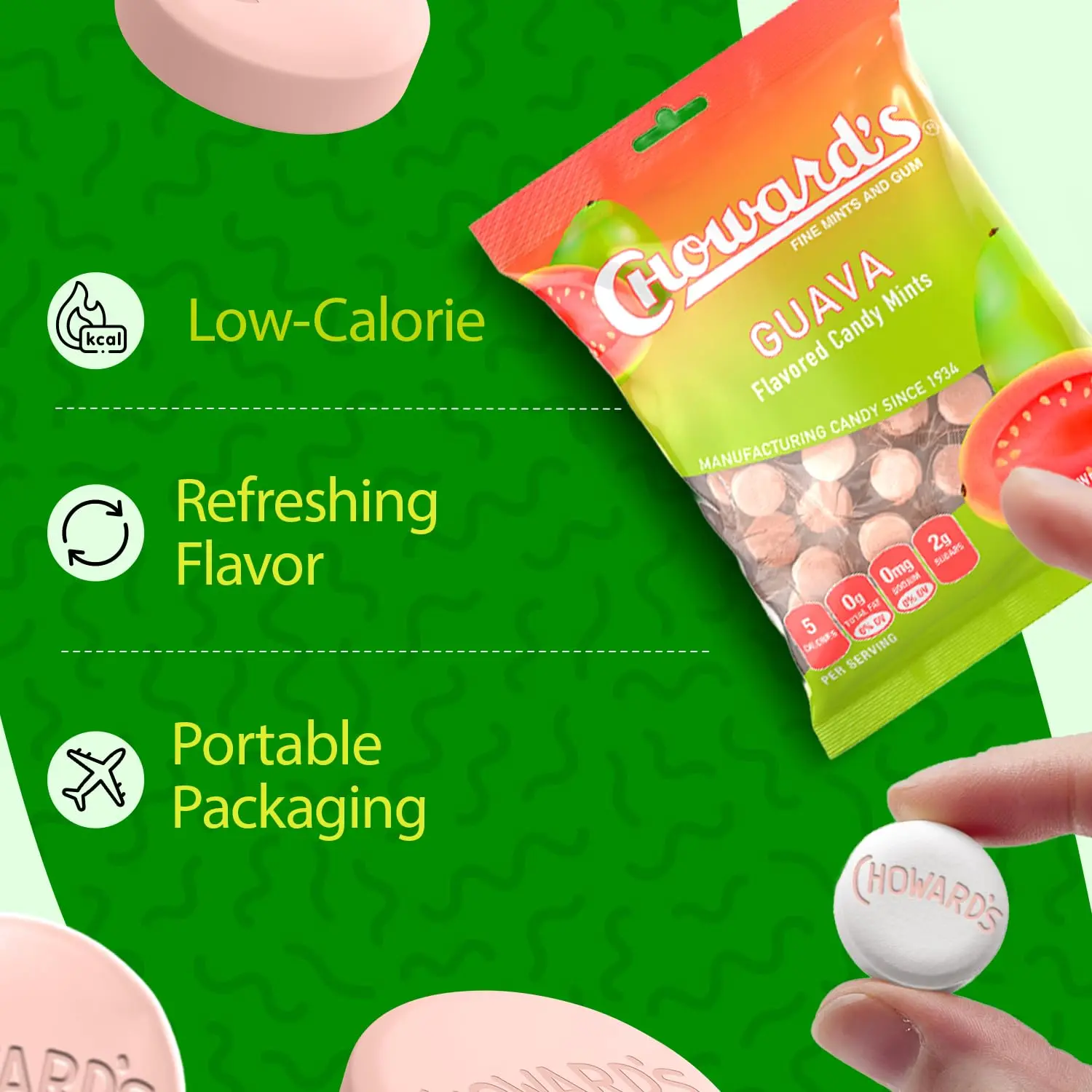 This image shows three 3oz bags of Choward's Guava Candy, each containing individually wrapped guava flavored mints, perfect for snacks and sharing.