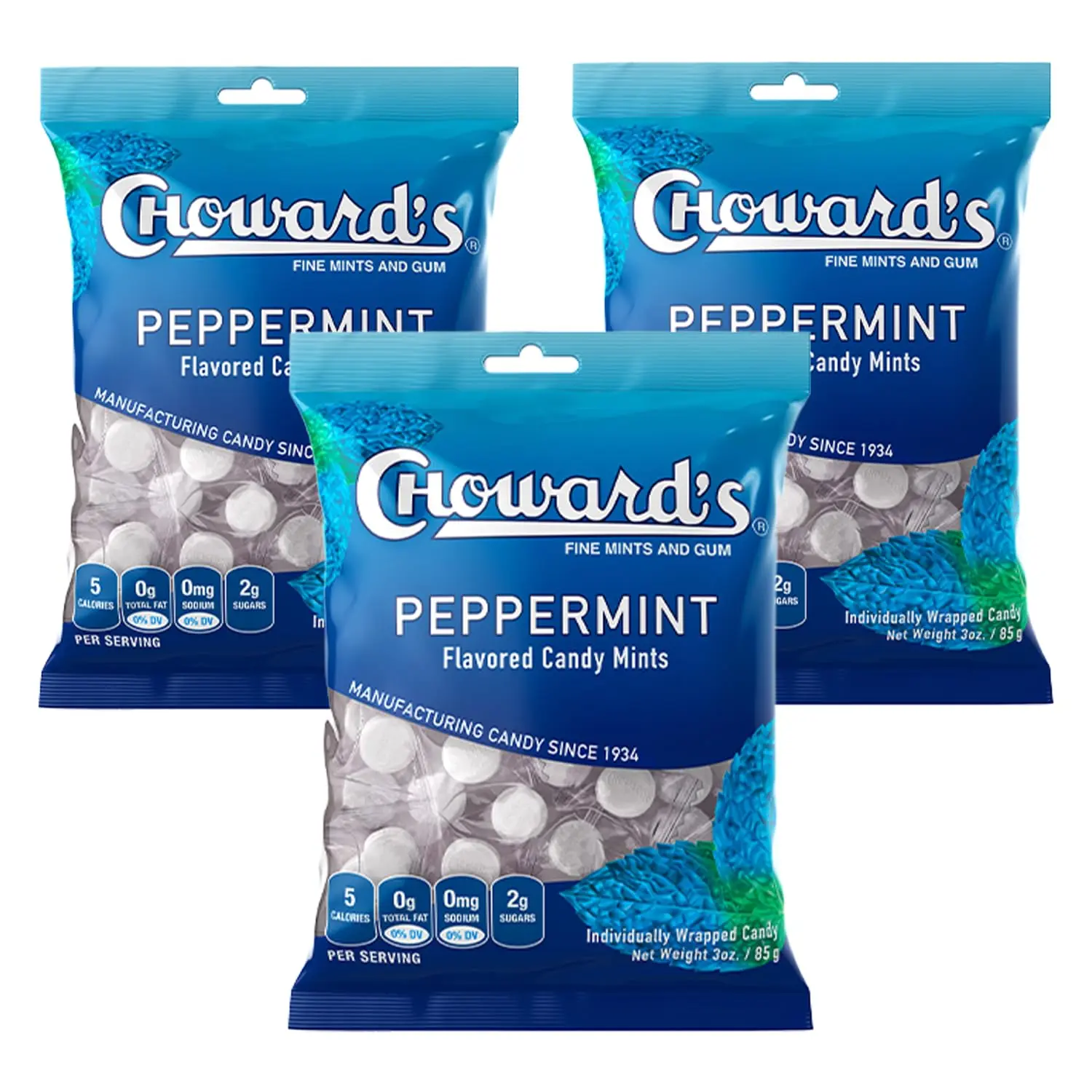 This three-pack of Choward's vintage peppermint candies, with 49 individually wrapped mints in each bag, delivers a bold and refreshing flavor perfect for sharing and on-the-go freshness.