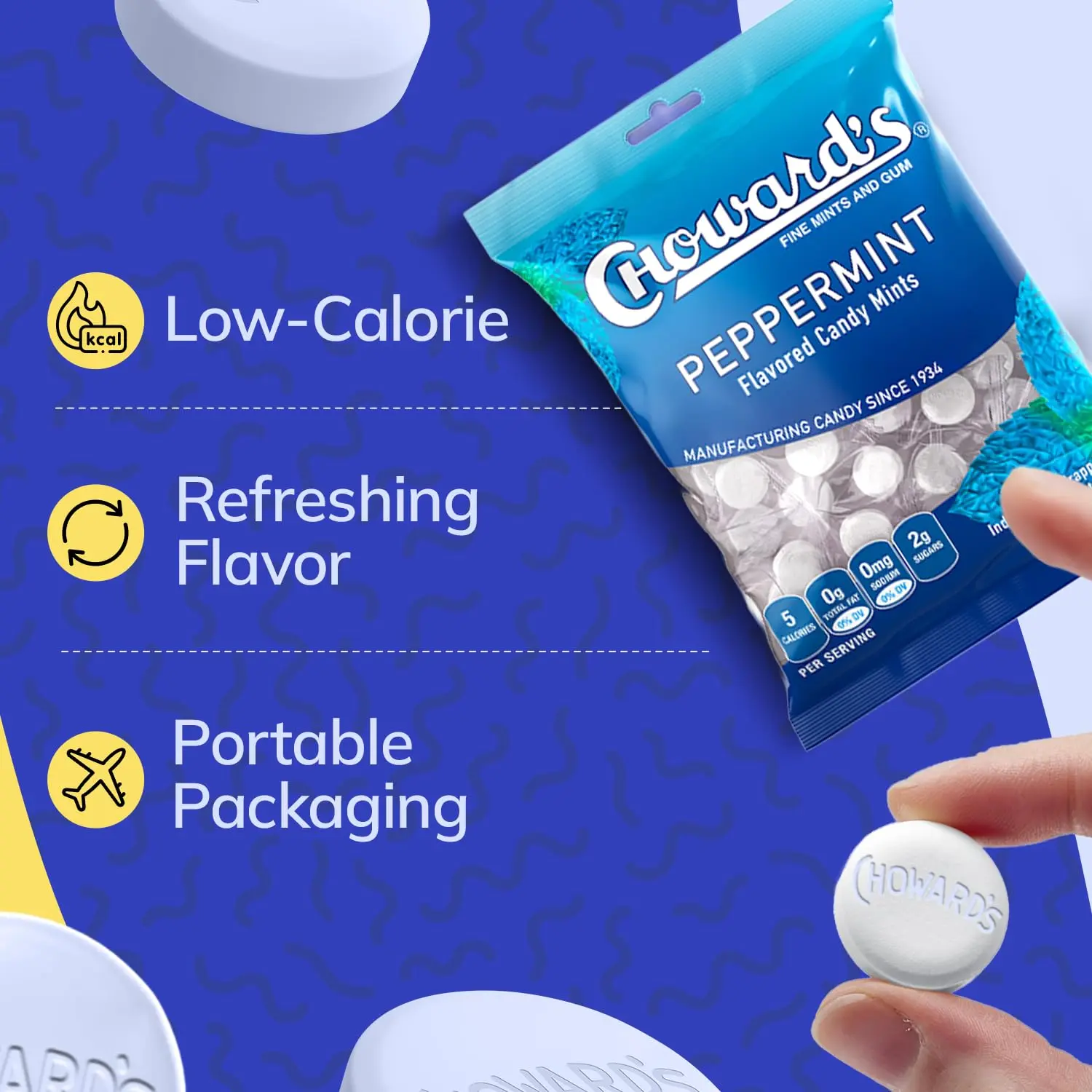 This three-pack of Choward's vintage peppermint candies, with 49 individually wrapped mints in each bag, delivers a bold and refreshing flavor perfect for sharing and on-the-go freshness.