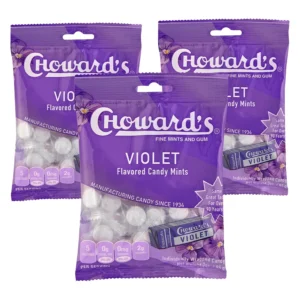Three bags of Choward's Violet Mints Candy, each with 49 individually wrapped mints, offering a nostalgic and refreshing treat.
