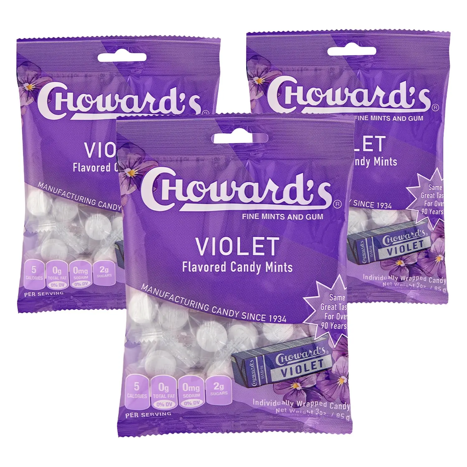 Three bags of Choward's Violet Mints Candy, each with 49 individually wrapped mints, offering a nostalgic and refreshing treat.