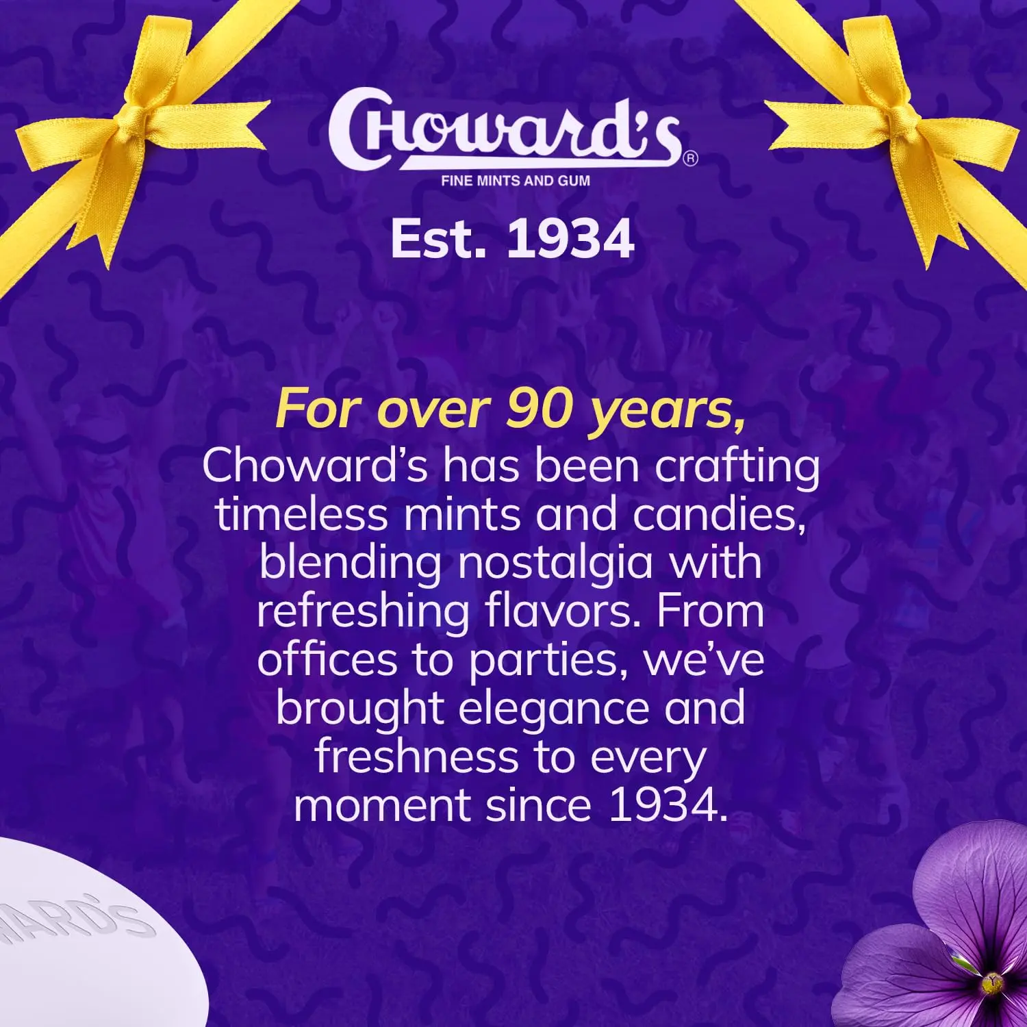 Three bags of Choward's Violet Mints Candy, each with 49 individually wrapped mints, offering a nostalgic and refreshing treat.