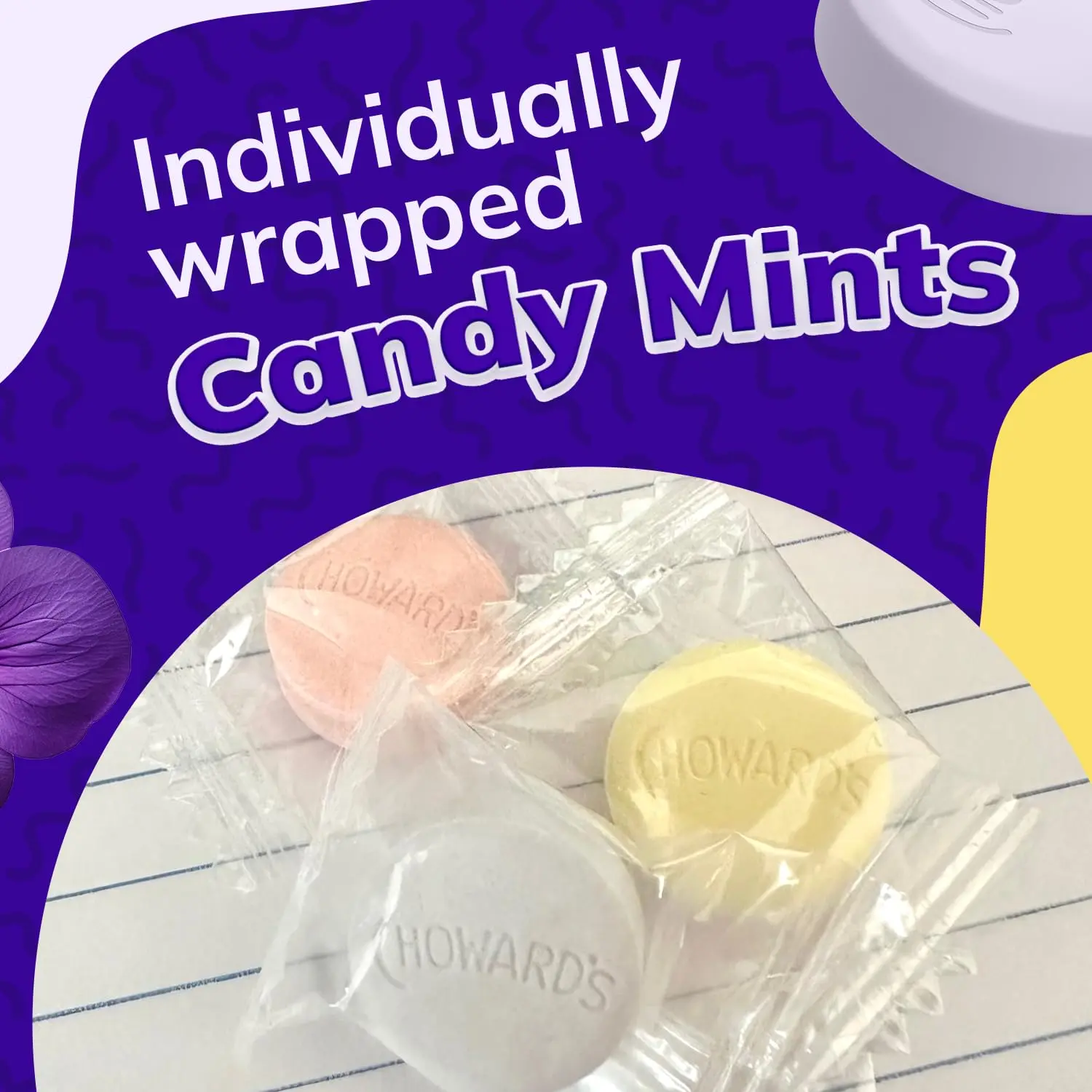 Three bags of Choward's Violet Mints Candy, each with 49 individually wrapped mints, offering a nostalgic and refreshing treat.