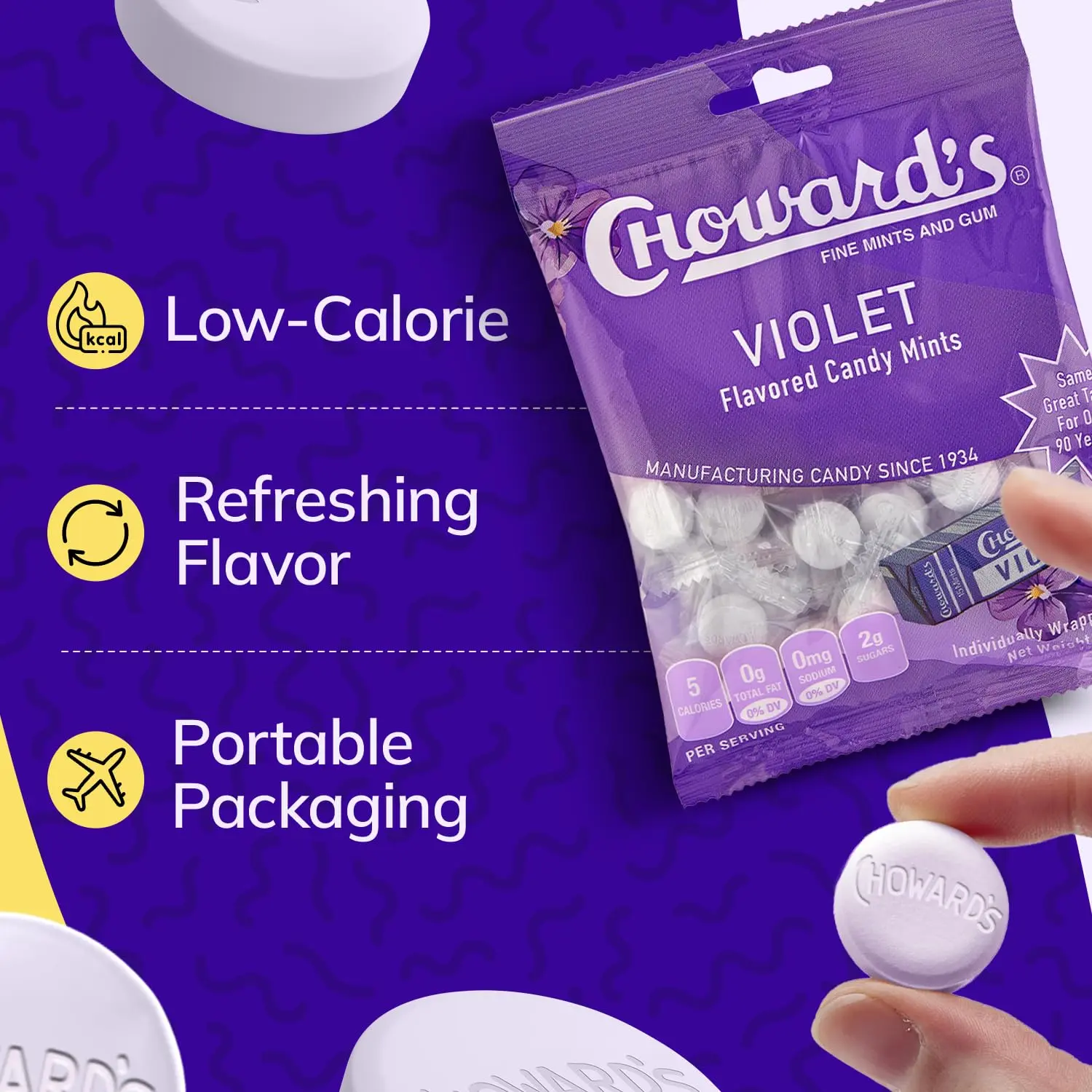 Three bags of Choward's Violet Mints Candy, each with 49 individually wrapped mints, offering a nostalgic and refreshing treat.