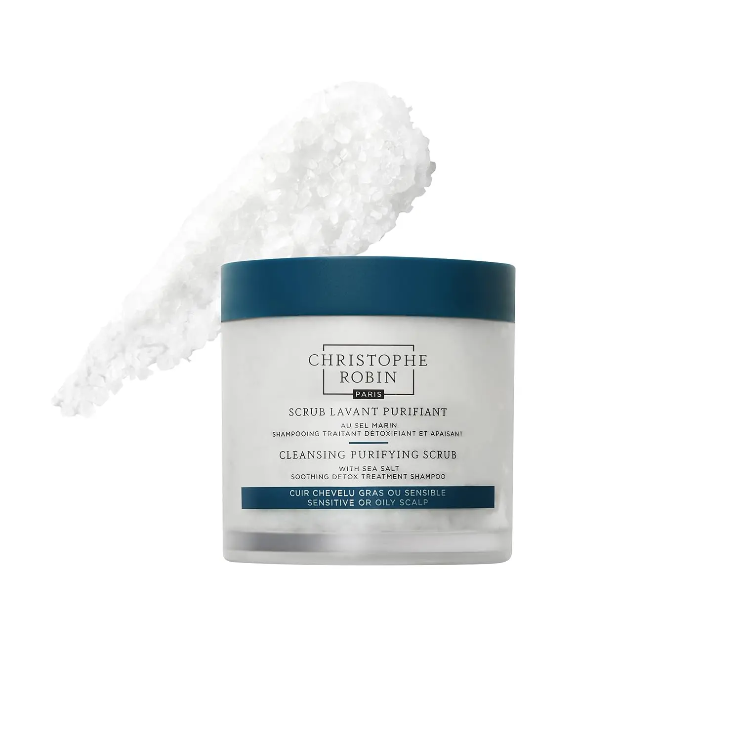 Christophe Robin cleansing purifying scalp scrub with sea salt that soothes itchy and oily scalps, removes buildup, and detoxifies hair.