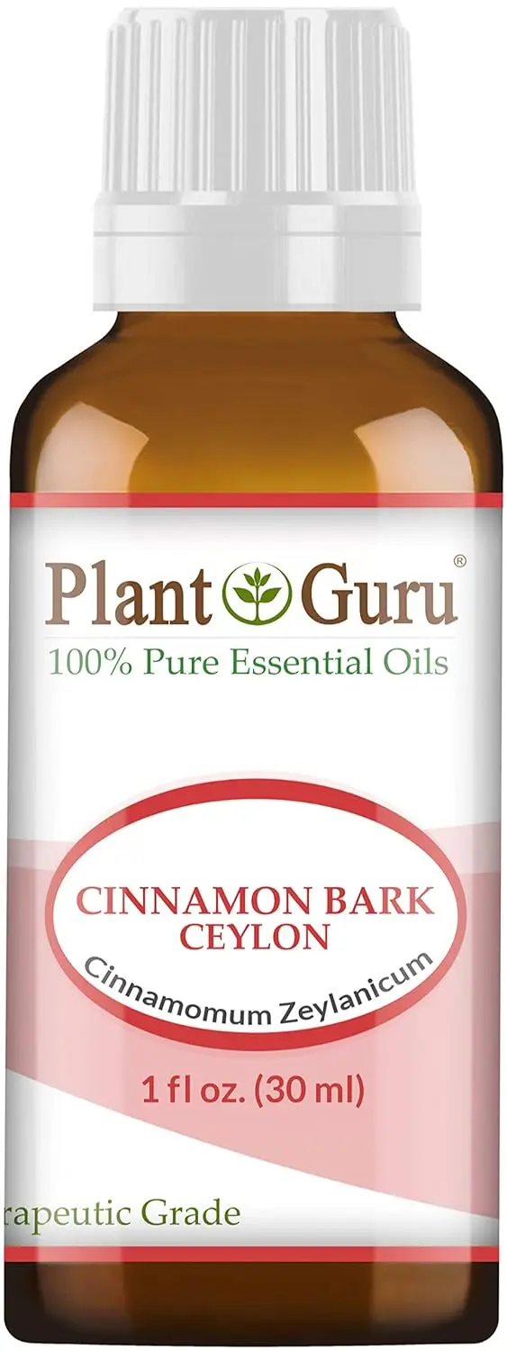 One ounce bottle of Plant Guru Cinnamon Bark Ceylon Essential Oil, a 100% pure and natural therapeutic grade oil sourced from Sri Lanka with no added ingredients.