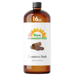This is a 16 oz bottle of Sun Essential Oils Cinnamon Bark essential oil, perfect for aromatherapy, diffusers, massage, and homemade beauty products.