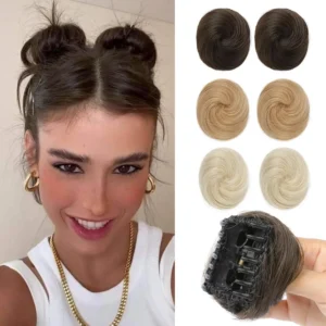 Two dark brown claw clip in hair bun extensions with copper highlights for creating a quick messy or cat ear updo hairstyle.