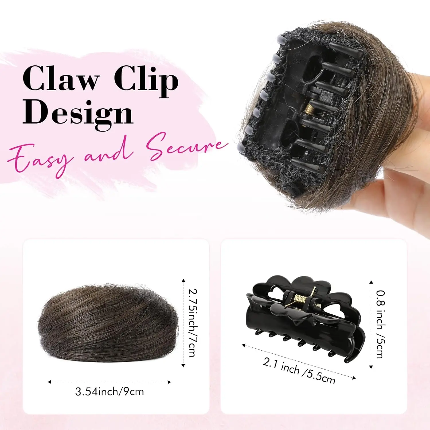Two dark brown claw clip in hair bun extensions with copper highlights for creating a quick messy or cat ear updo hairstyle.