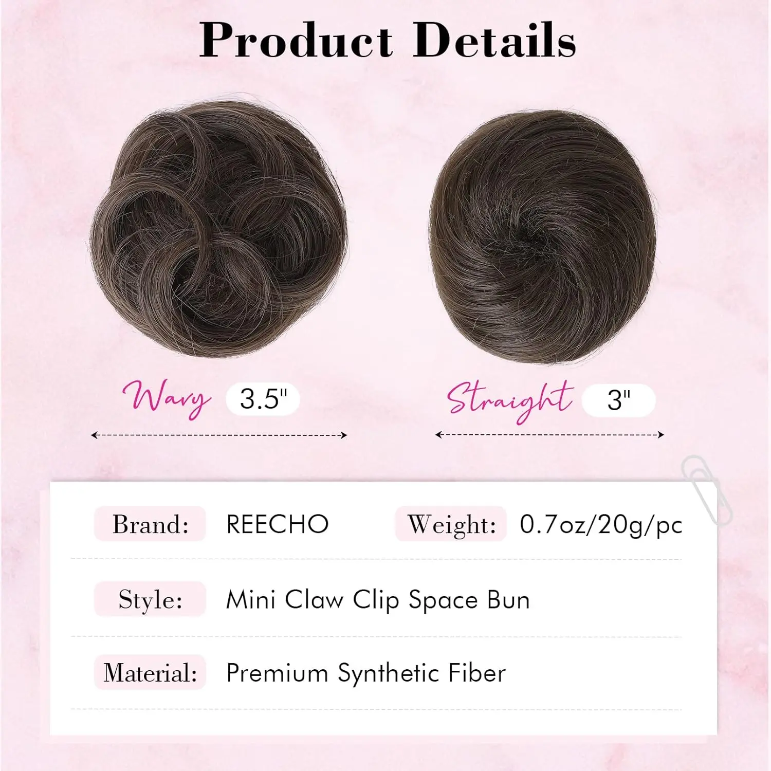 Two dark brown claw clip in hair bun extensions with copper highlights for creating a quick messy or cat ear updo hairstyle.