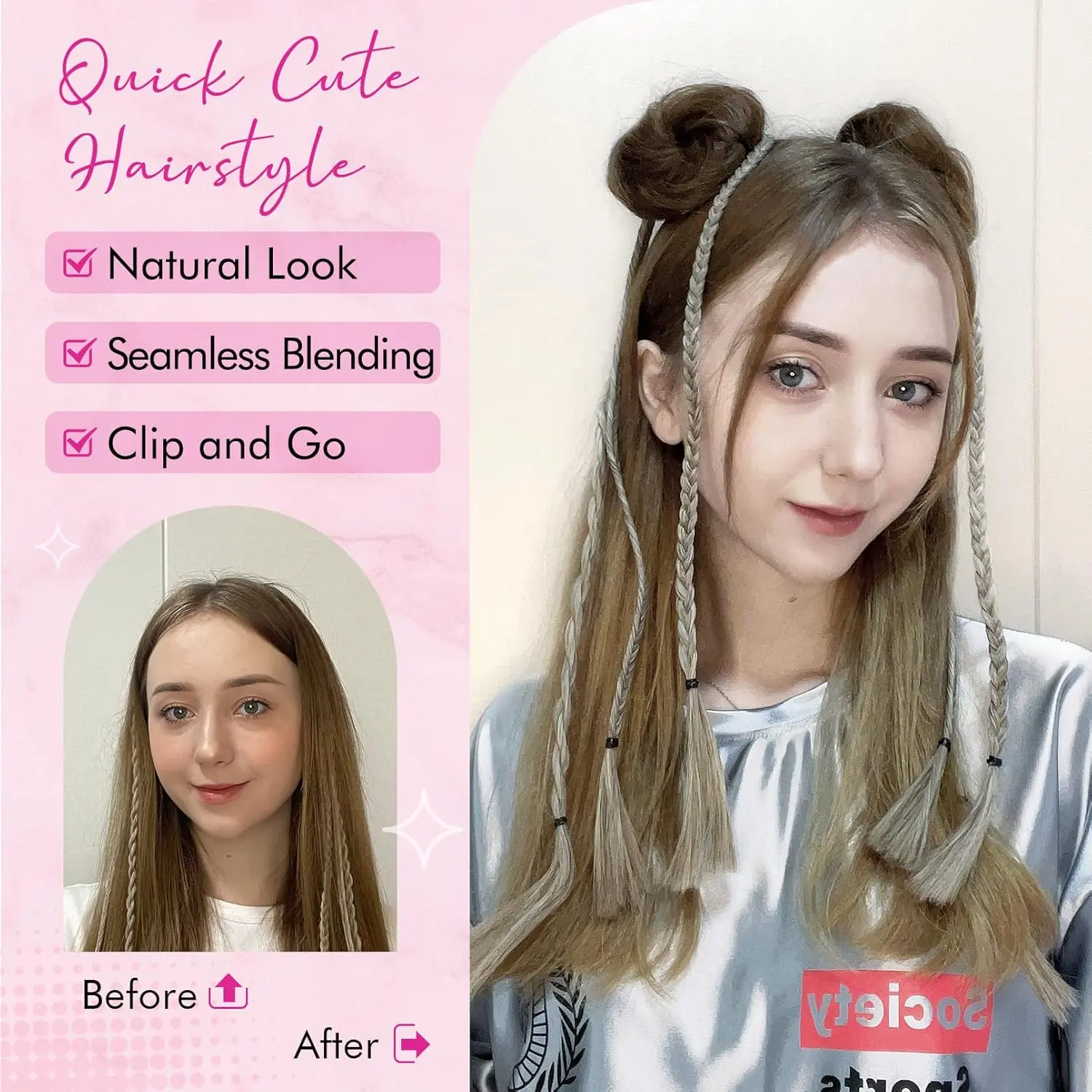 Two dark brown claw clip in hair bun extensions with copper highlights for creating a quick messy or cat ear updo hairstyle.