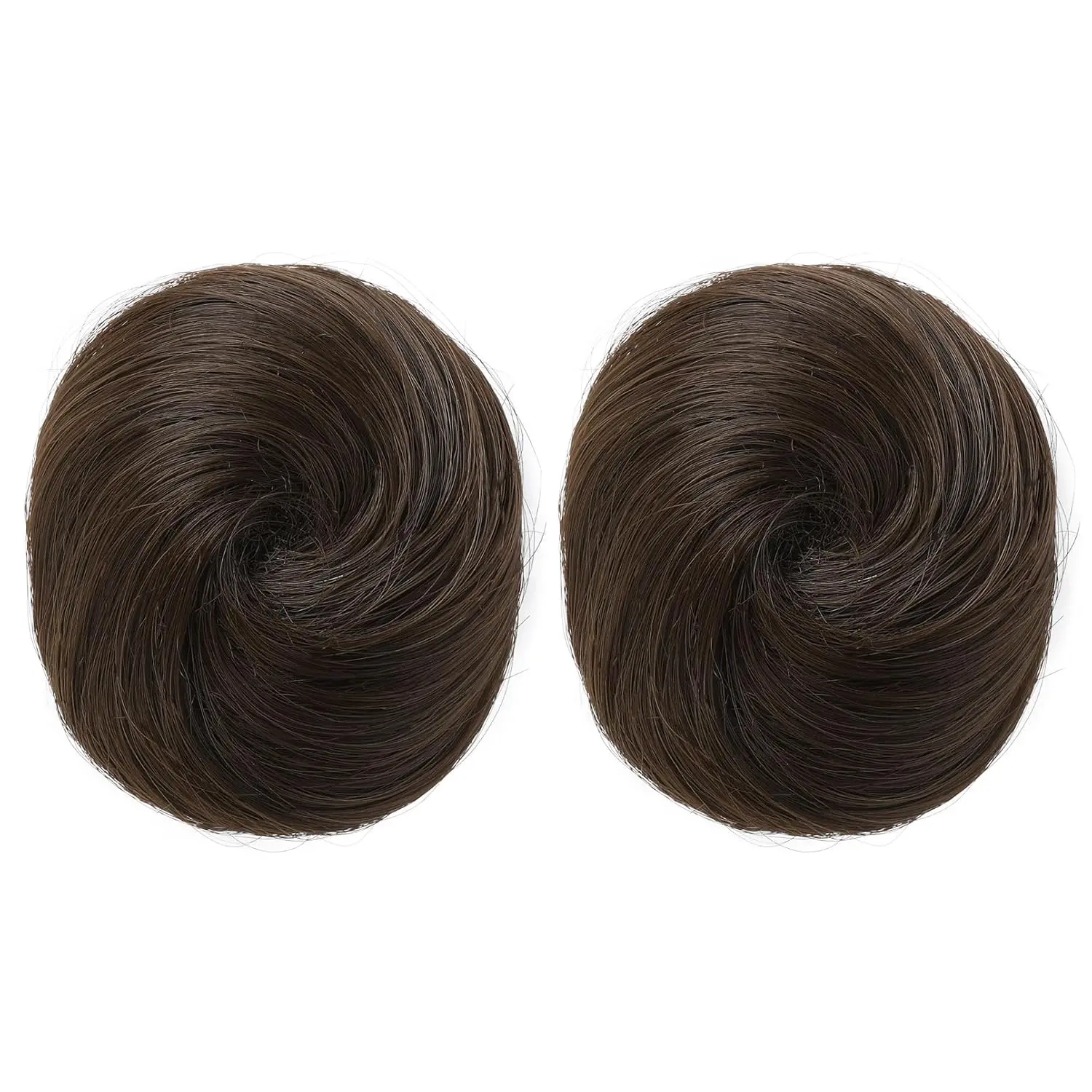 Two dark brown claw clip in hair bun extensions with copper highlights for creating a quick messy or cat ear updo hairstyle.
