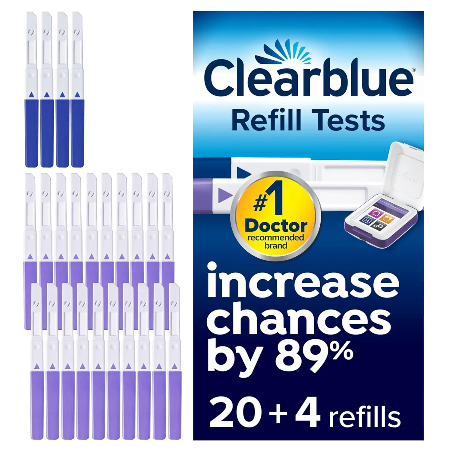 This pack includes 20 Clearblue fertility tests for use with the Advanced Fertility Monitor to track ovulation and 4 Clearblue pregnancy tests for early detection.