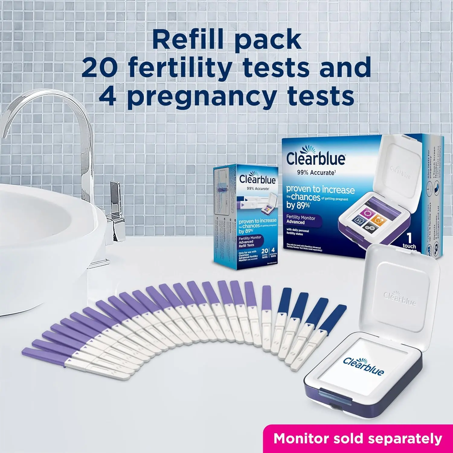 This pack includes 20 Clearblue fertility tests for use with the Advanced Fertility Monitor to track ovulation and 4 Clearblue pregnancy tests for early detection.
