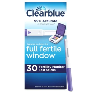Thirty Clearblue fertility monitor test sticks help track two key hormone levels to identify up to six fertile days each cycle for women with 21-42 day cycles.