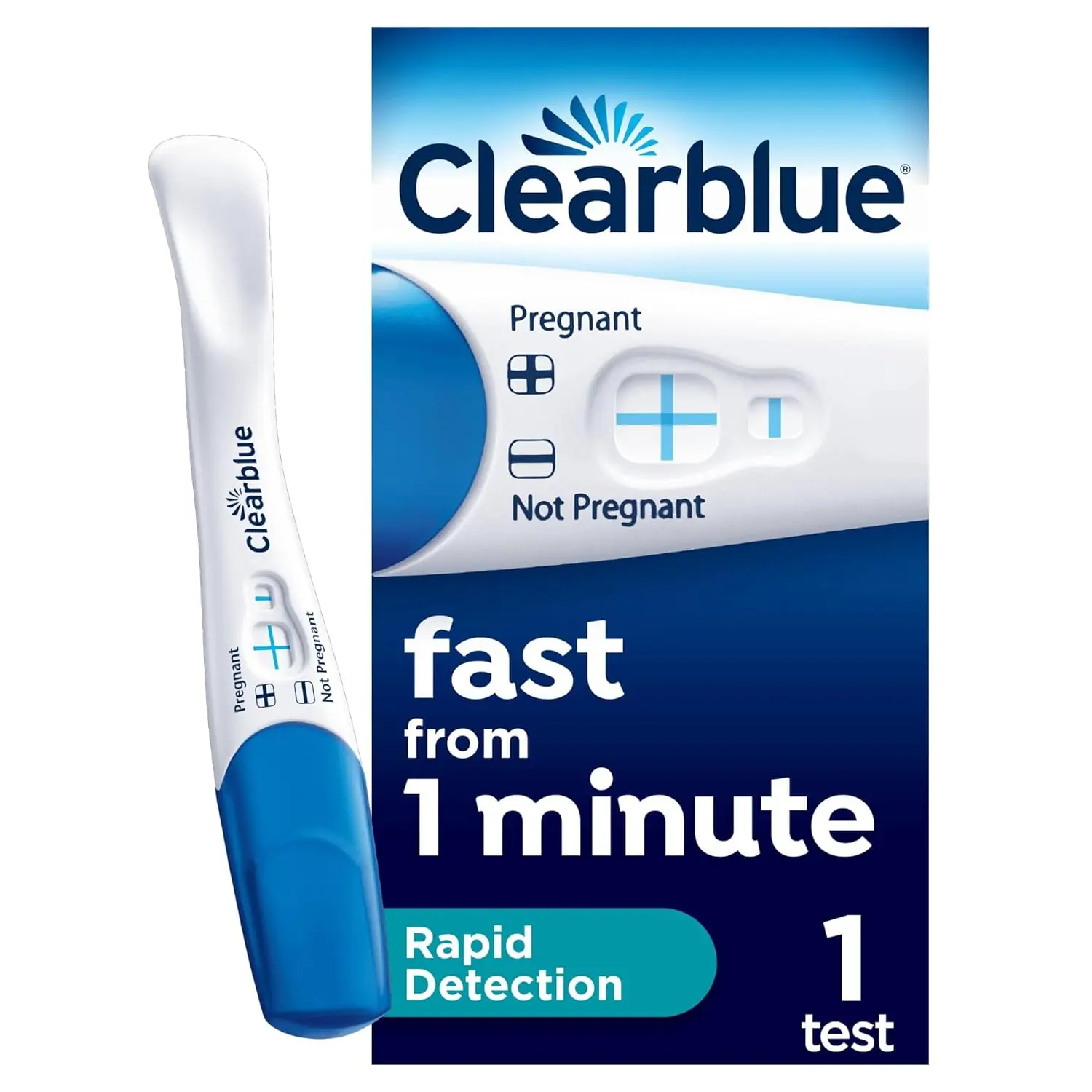 A Clearblue Rapid Detection Pregnancy Test shows a clear plus sign indicating a positive result in as fast as one minute, providing easy and accurate at-home testing.