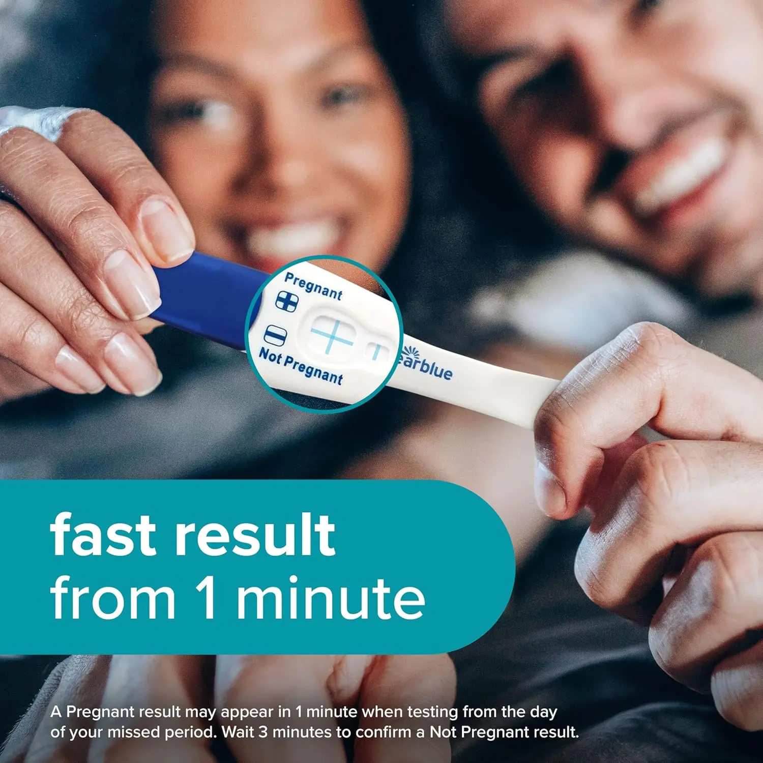 Two Clearblue rapid detection pregnancy tests for home use, promising results in as fast as one minute and over 99% accuracy.