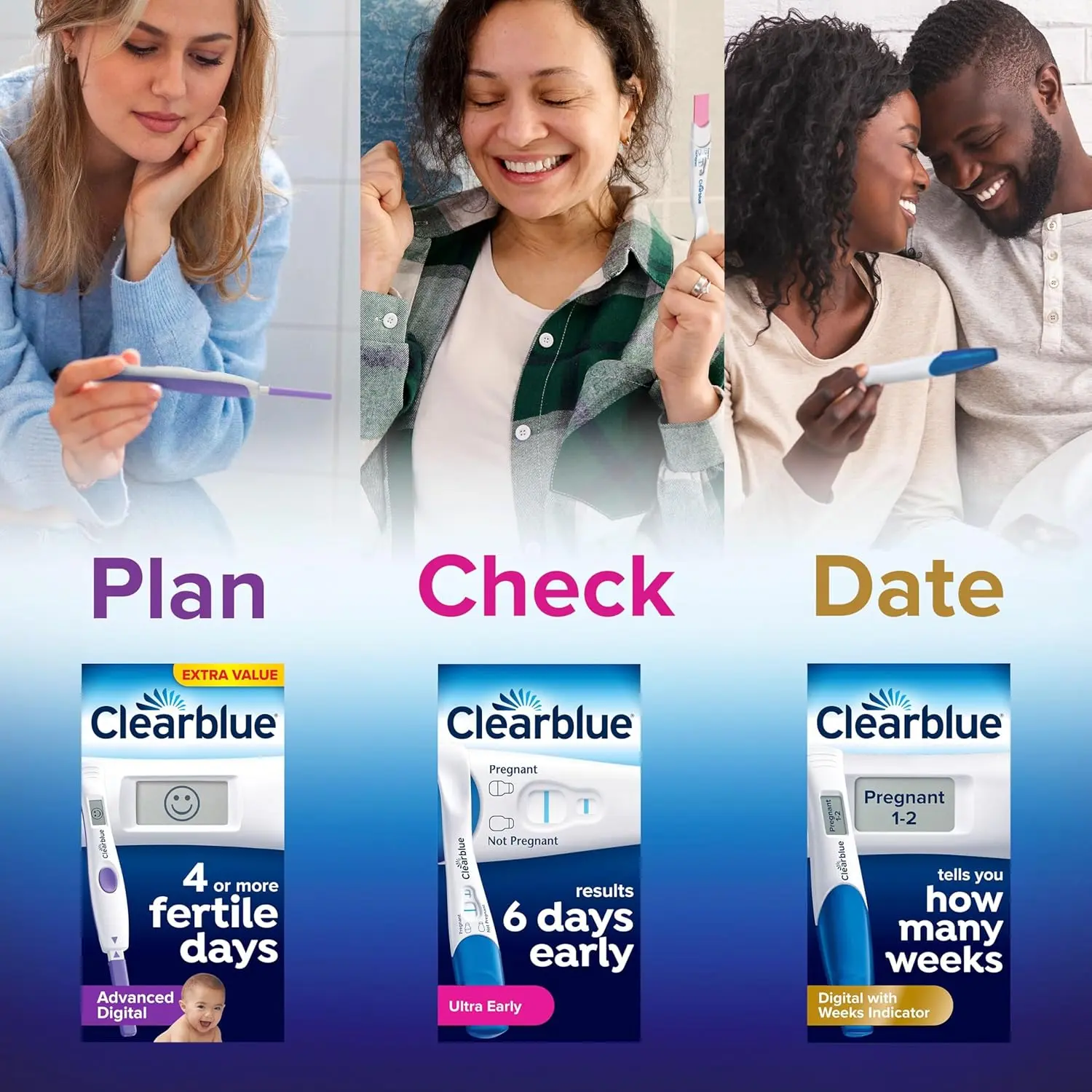 Two Clearblue rapid detection pregnancy tests for home use, promising results in as fast as one minute and over 99% accuracy.