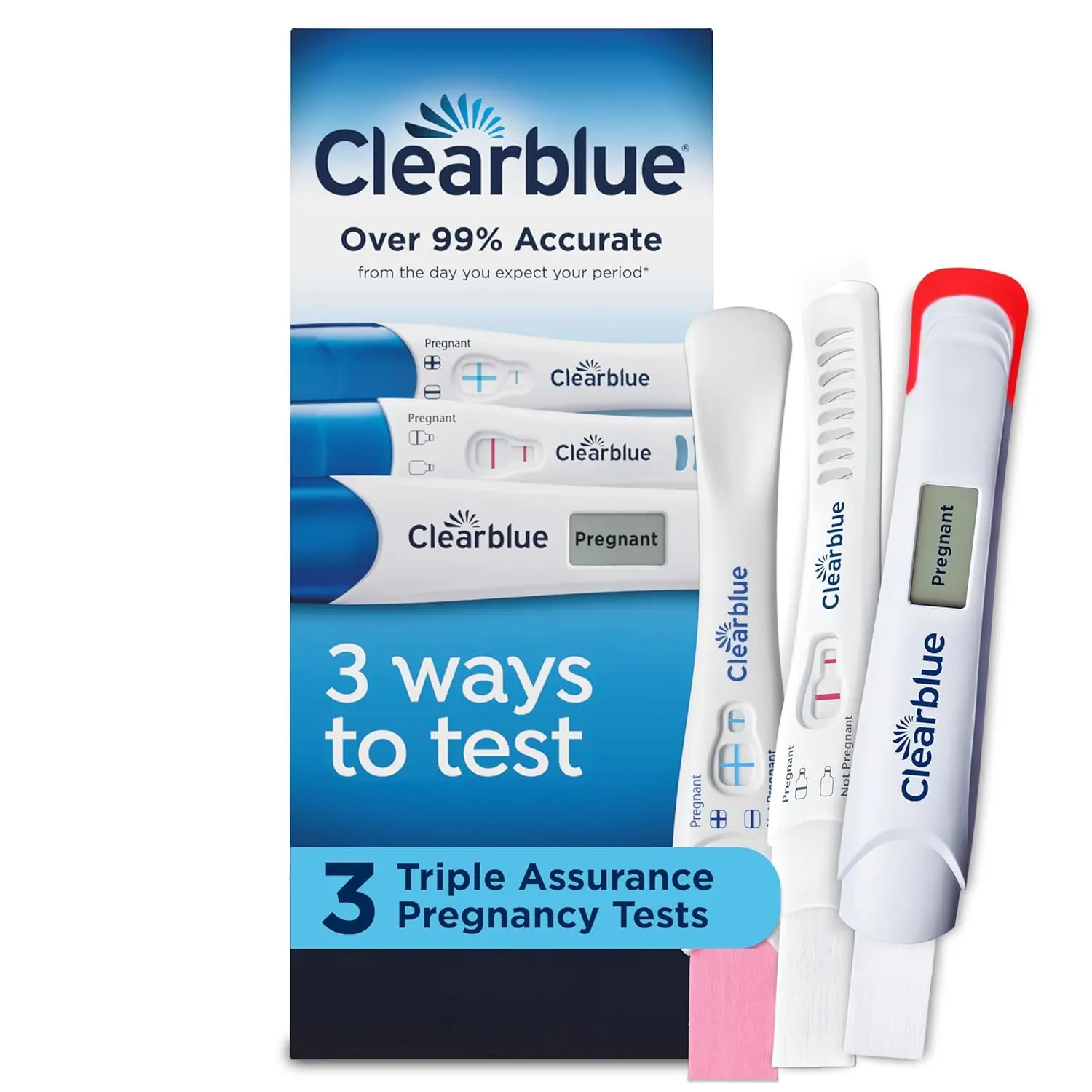 Three Clearblue pregnancy tests, including early detection, digital, and rapid tests, offering over 99% accuracy and results up to 6 days sooner.