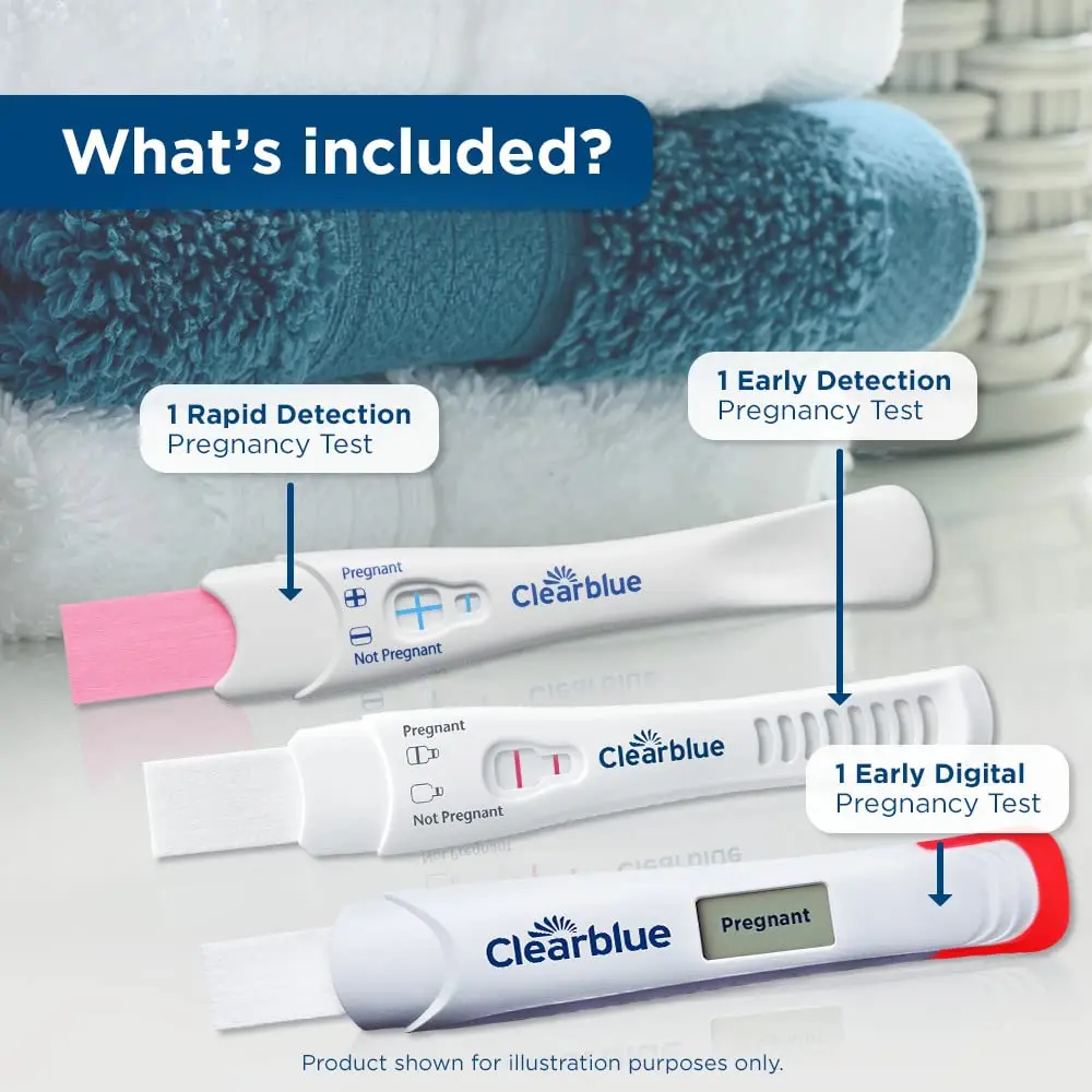 Three Clearblue pregnancy tests, including early detection, digital, and rapid tests, offering over 99% accuracy and results up to 6 days sooner.