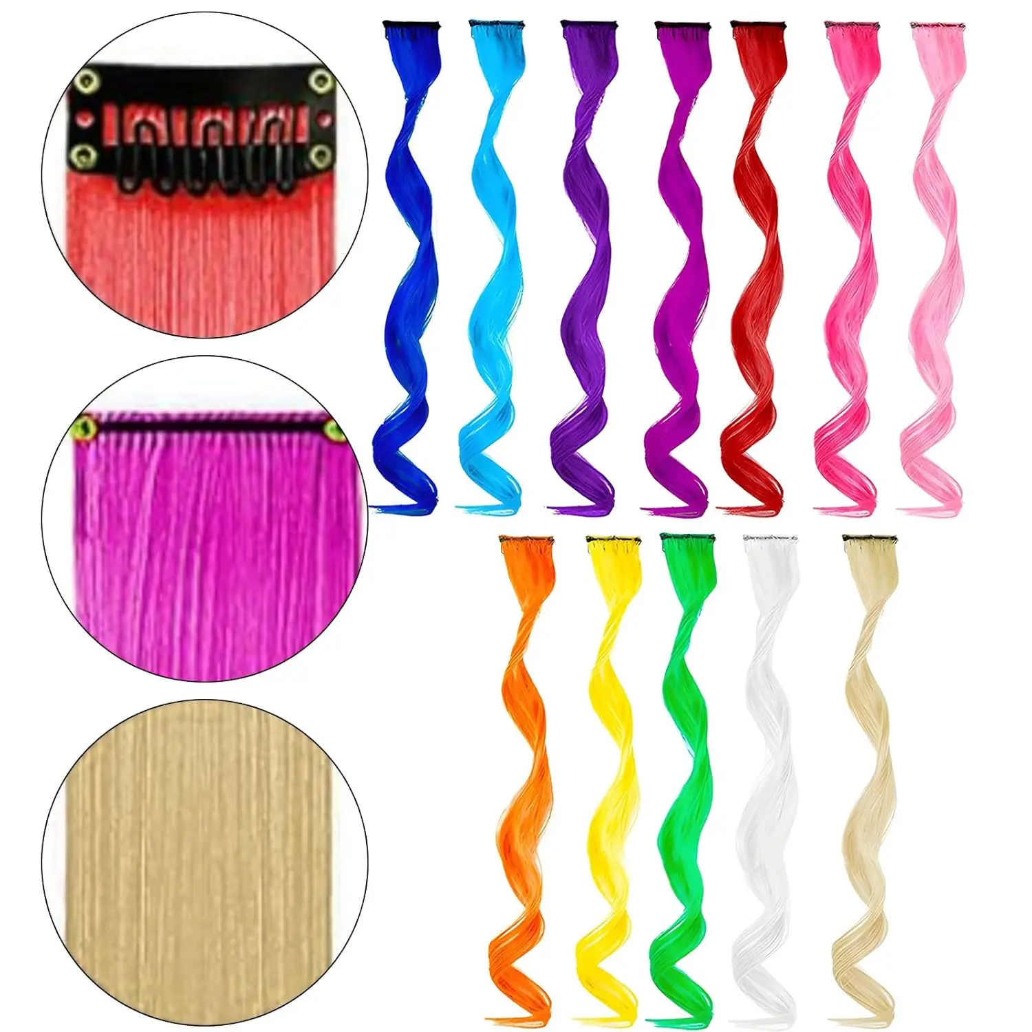 This vibrant image showcases a pack of twelve 50cm curly and wavy clip-in hair extensions in rainbow colours, perfect for adding highlights to parties, daily styling, or cosplay events with a comfortable and lightweight design.