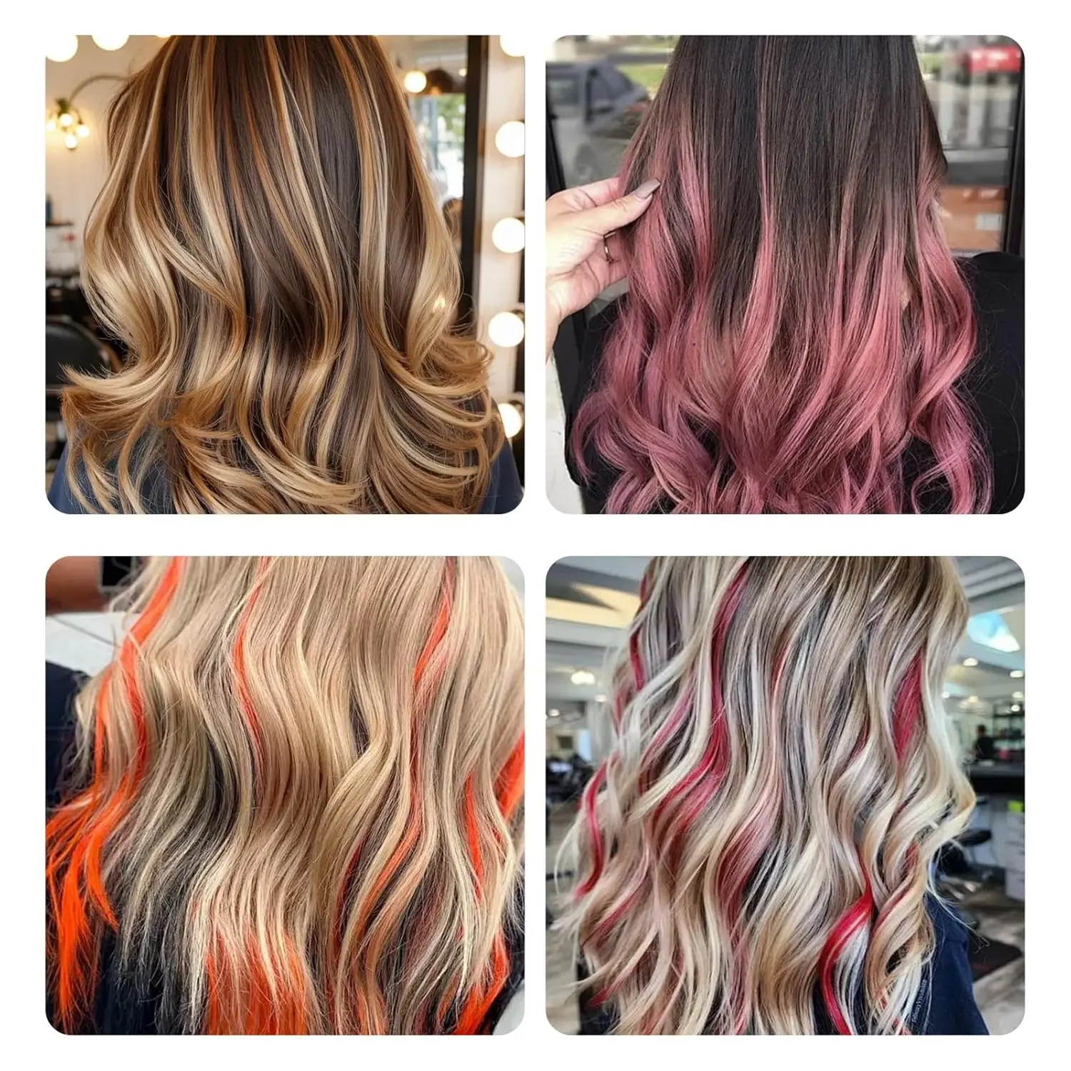 This vibrant image showcases a pack of twelve 50cm curly and wavy clip-in hair extensions in rainbow colours, perfect for adding highlights to parties, daily styling, or cosplay events with a comfortable and lightweight design.