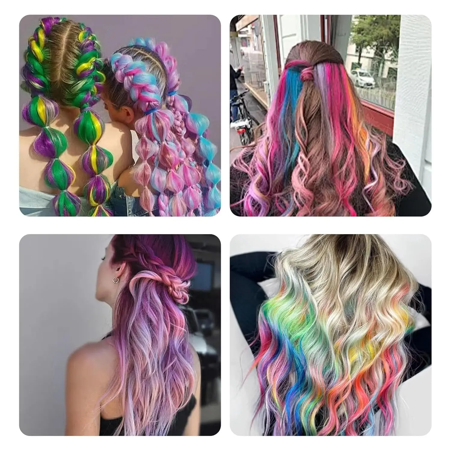 This vibrant image showcases a pack of twelve 50cm curly and wavy clip-in hair extensions in rainbow colours, perfect for adding highlights to parties, daily styling, or cosplay events with a comfortable and lightweight design.