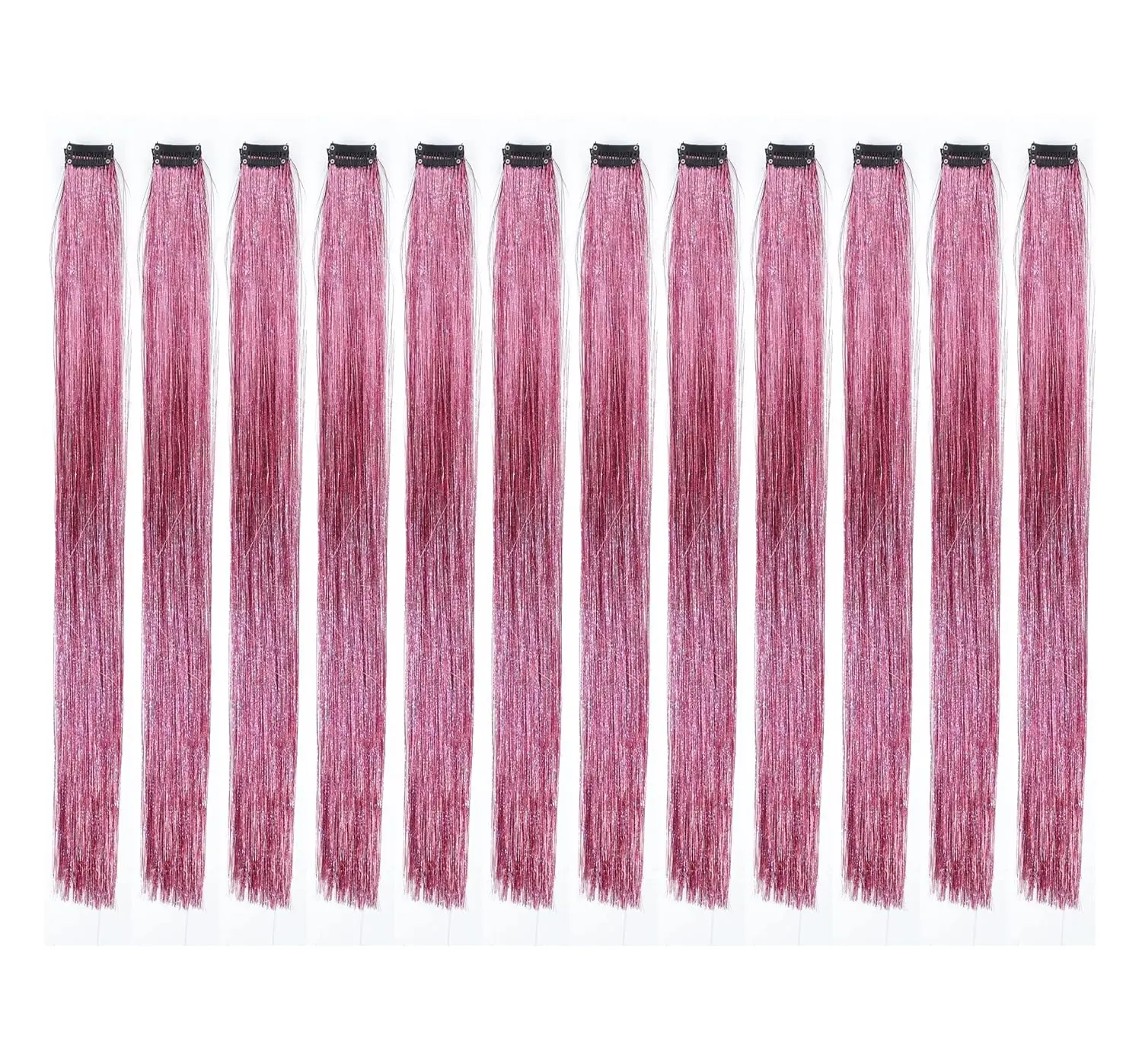 Twelve pink clip in hair extensions made of sparkling tinsel, each 18-19 inches long, provide an instant, temporary highlight.