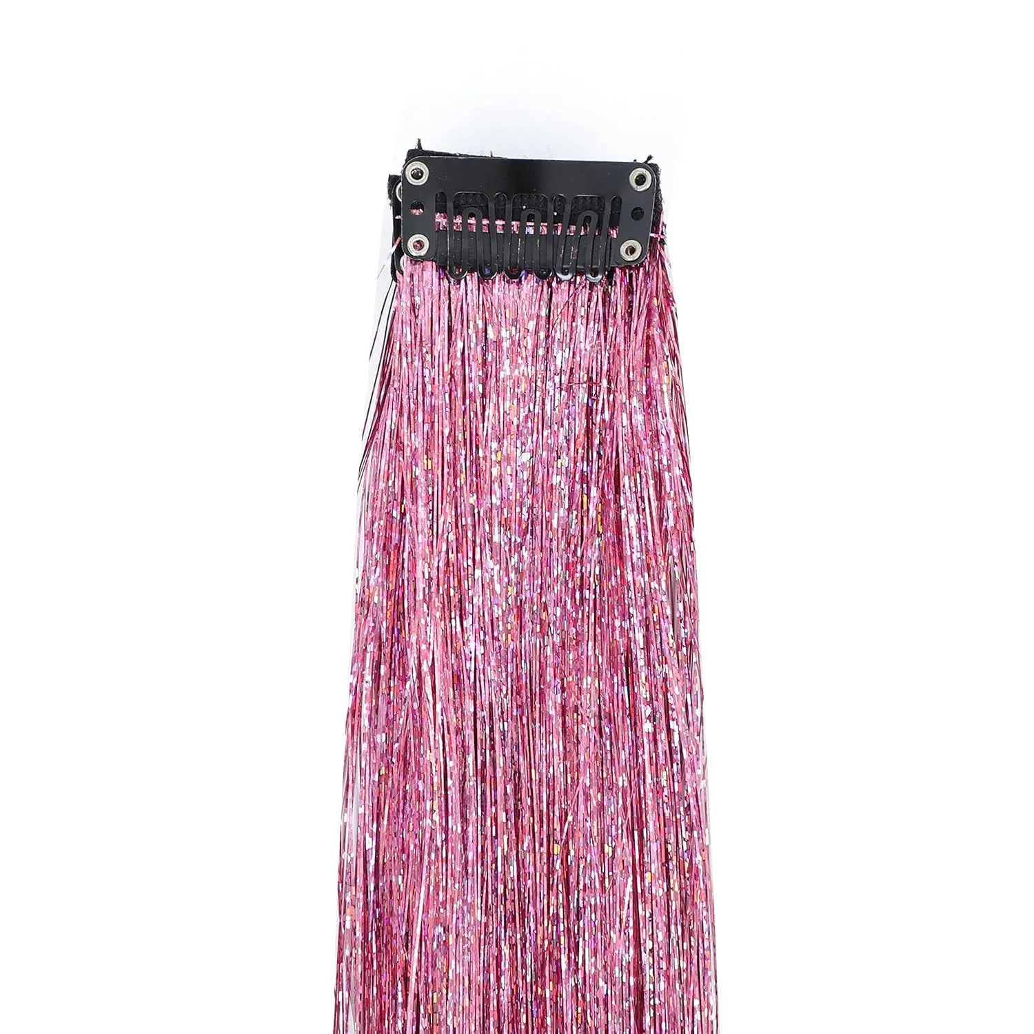 Twelve pink clip in hair extensions made of sparkling tinsel, each 18-19 inches long, provide an instant, temporary highlight.