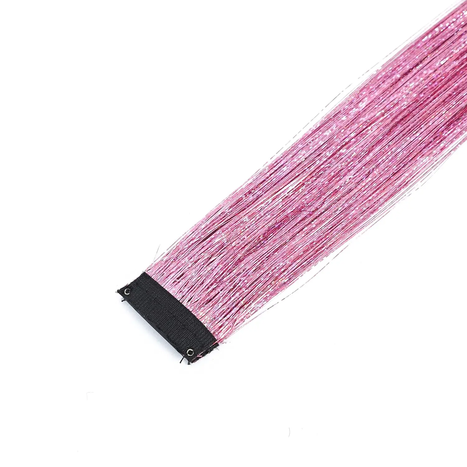 Twelve pink clip in hair extensions made of sparkling tinsel, each 18-19 inches long, provide an instant, temporary highlight.