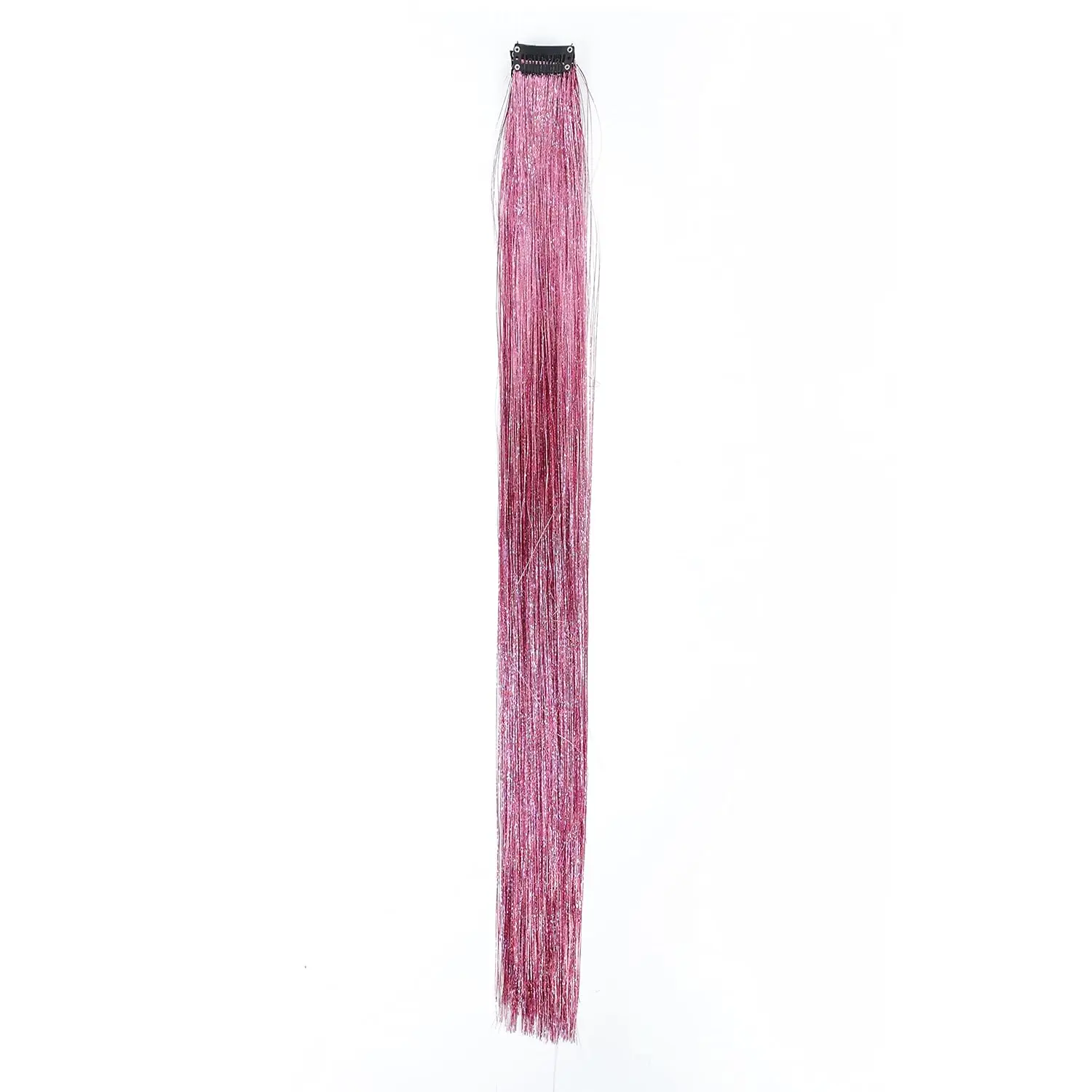 Twelve pink clip in hair extensions made of sparkling tinsel, each 18-19 inches long, provide an instant, temporary highlight.