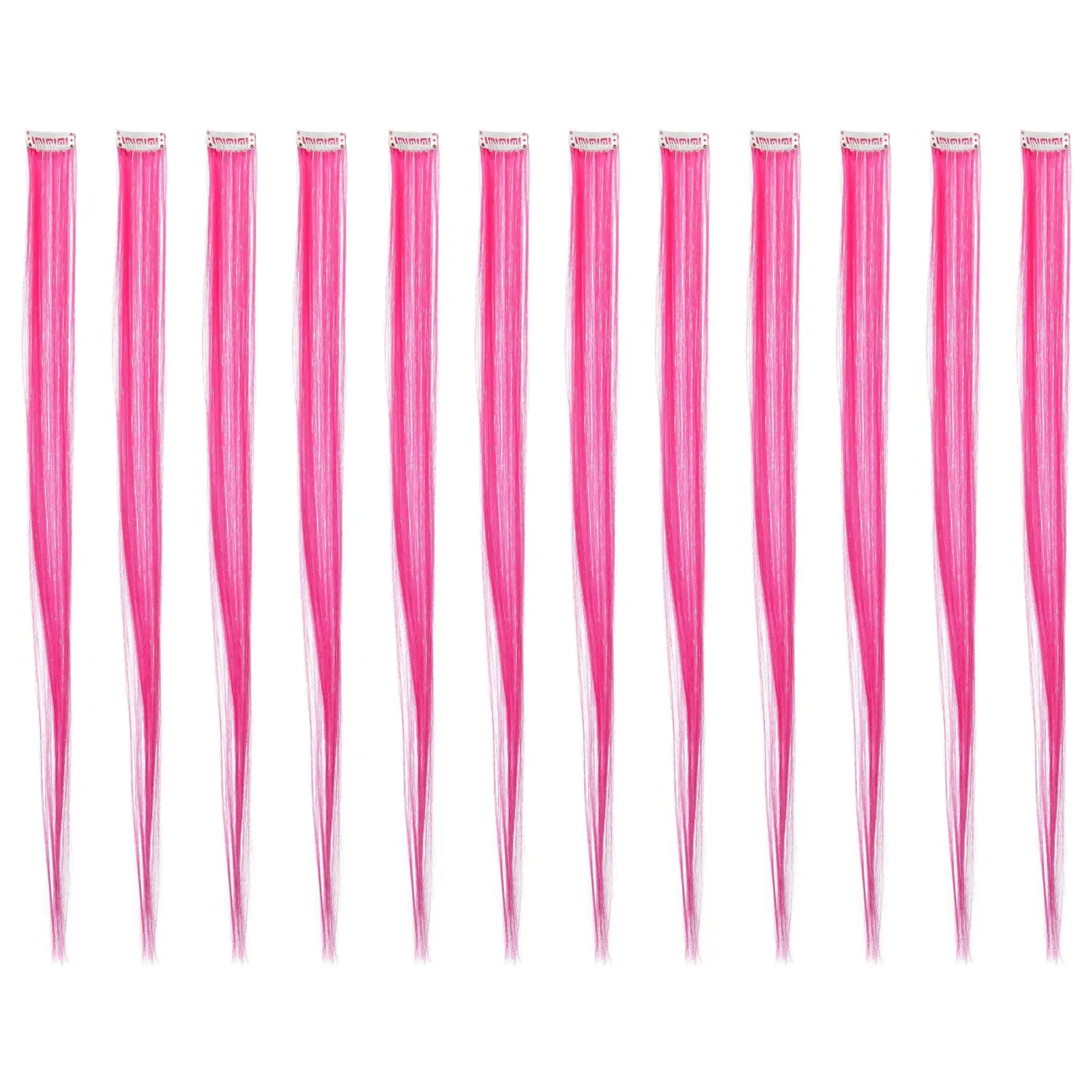 Twelve pink clip in hair extensions made of sparkling tinsel, each 18-19 inches long, provide an instant, temporary highlight.