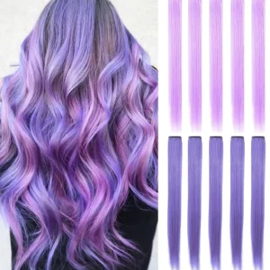 Ten pieces of 22-inch clip in hair extensions in lavender purple and light purple offer a fun, easy way to add highlights and color to your hair for parties or everyday style.