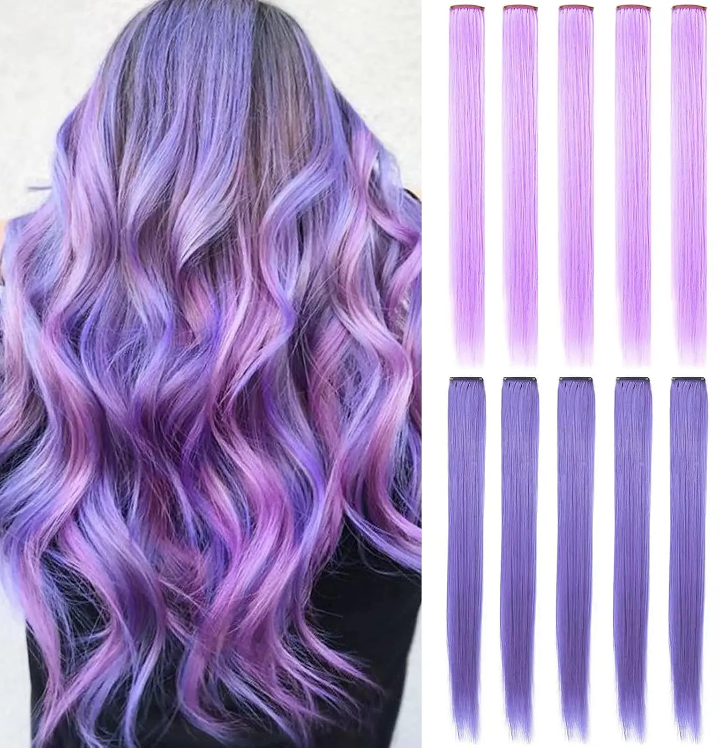 Ten pieces of 22-inch clip in hair extensions in lavender purple and light purple offer a fun, easy way to add highlights and color to your hair for parties or everyday style.
