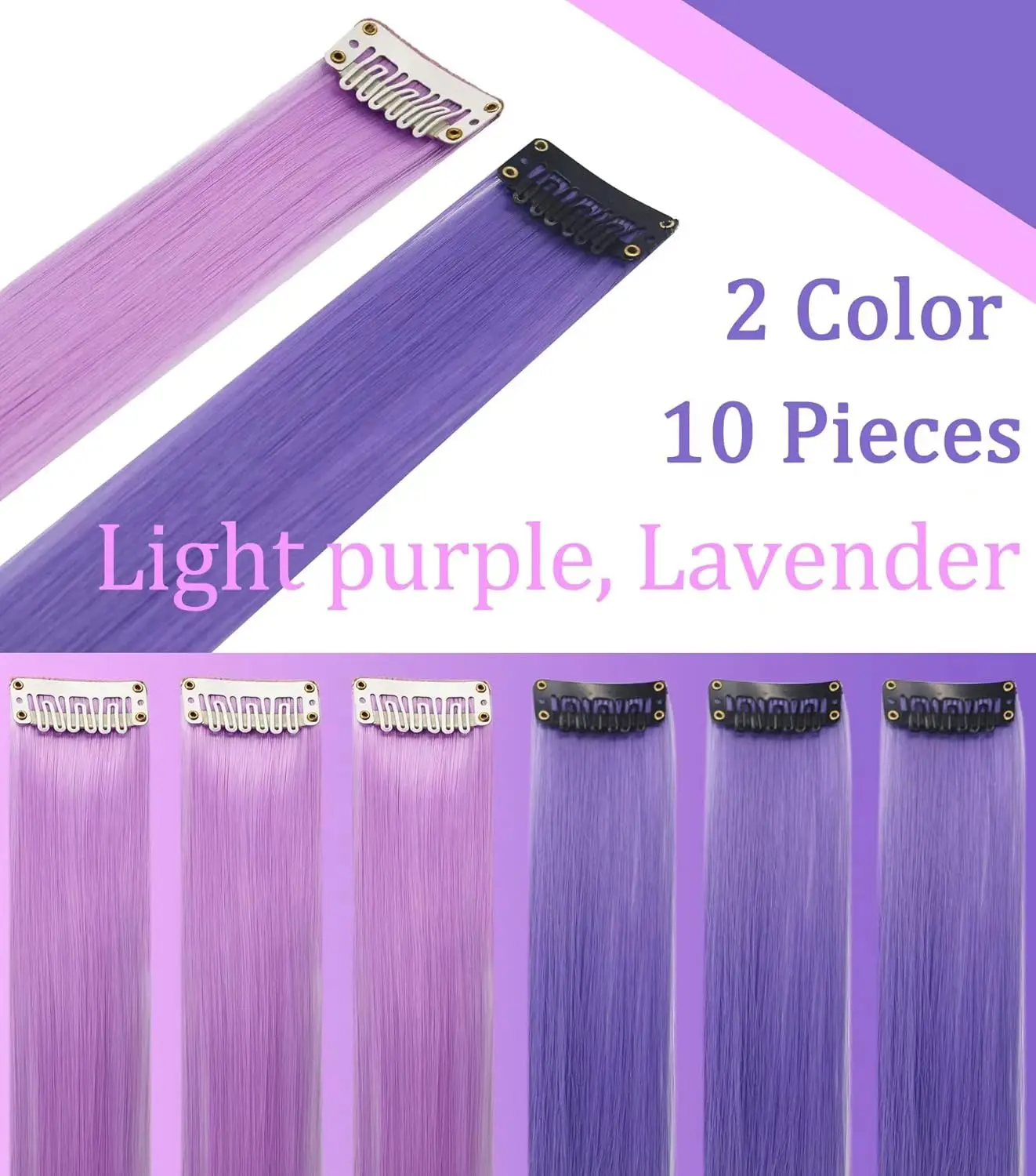 Ten pieces of 22-inch clip in hair extensions in lavender purple and light purple offer a fun, easy way to add highlights and color to your hair for parties or everyday style.