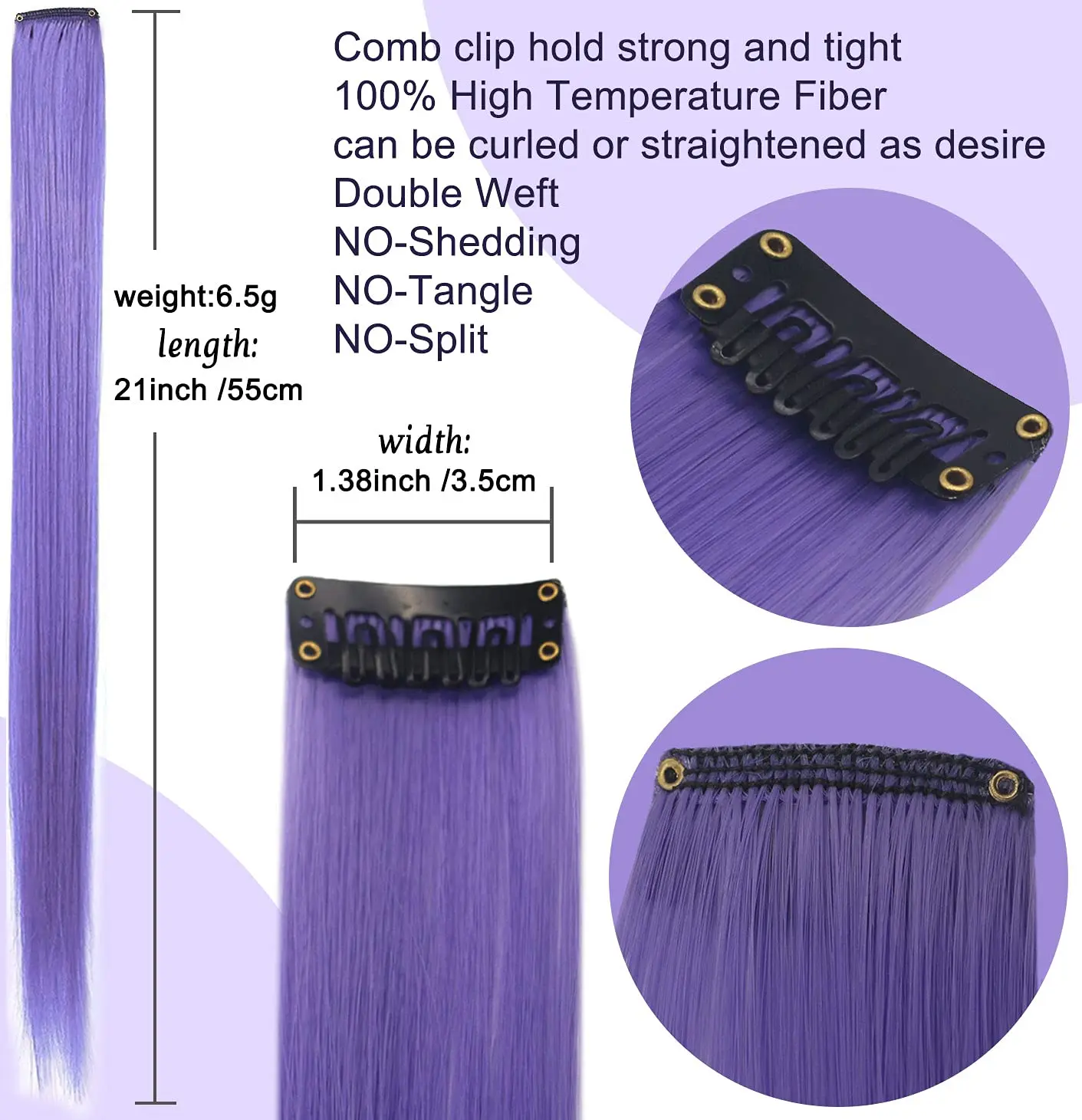 Ten pieces of 22-inch clip in hair extensions in lavender purple and light purple offer a fun, easy way to add highlights and color to your hair for parties or everyday style.
