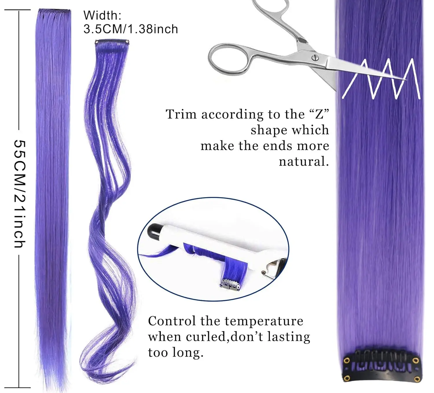 Ten pieces of 22-inch clip in hair extensions in lavender purple and light purple offer a fun, easy way to add highlights and color to your hair for parties or everyday style.