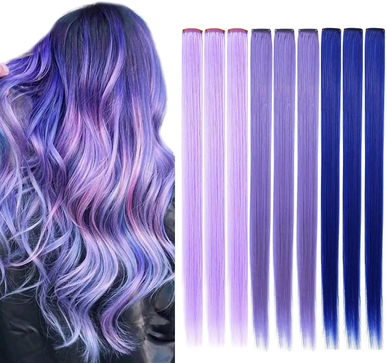 Ten pieces of 22-inch clip in hair extensions in lavender purple and light purple offer a fun, easy way to add highlights and color to your hair for parties or everyday style.